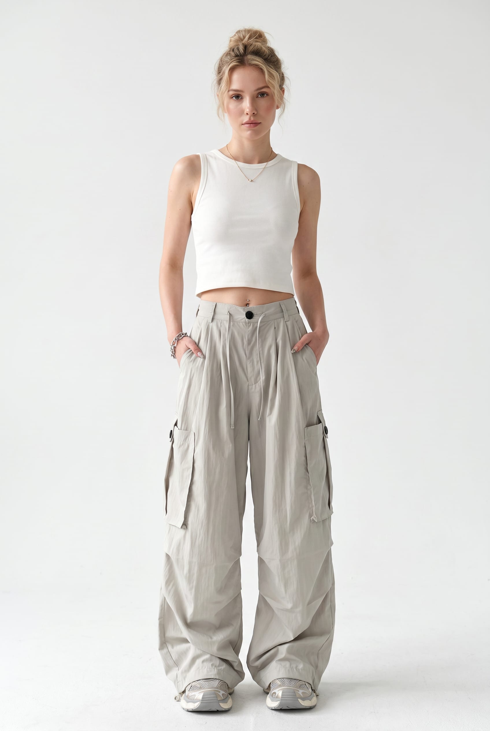 Stone Grey Wide-Leg Cargo Pants