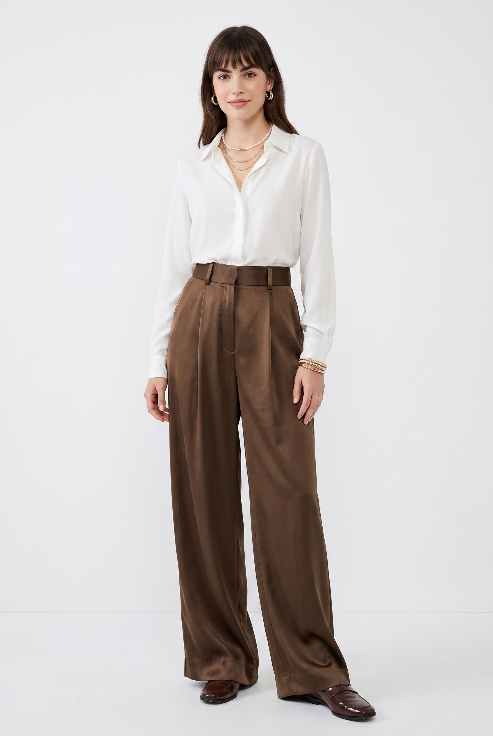 Chocolate Brown Wide Leg Pleated Trousers