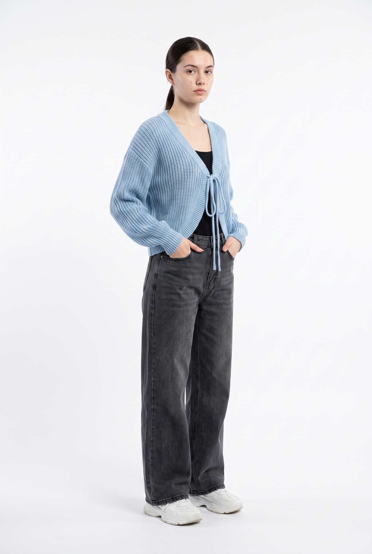 Blue Cropped Knit Front Cardigan