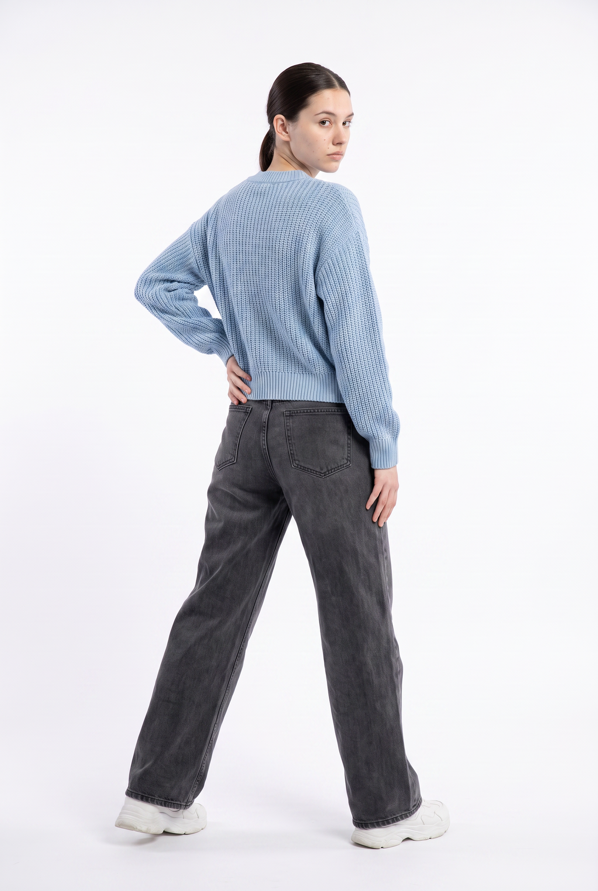 Blue Cropped Knit Front Cardigan