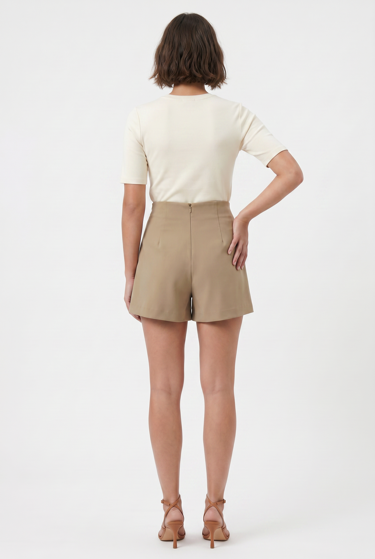 Beige High Waist Pleated Shorts