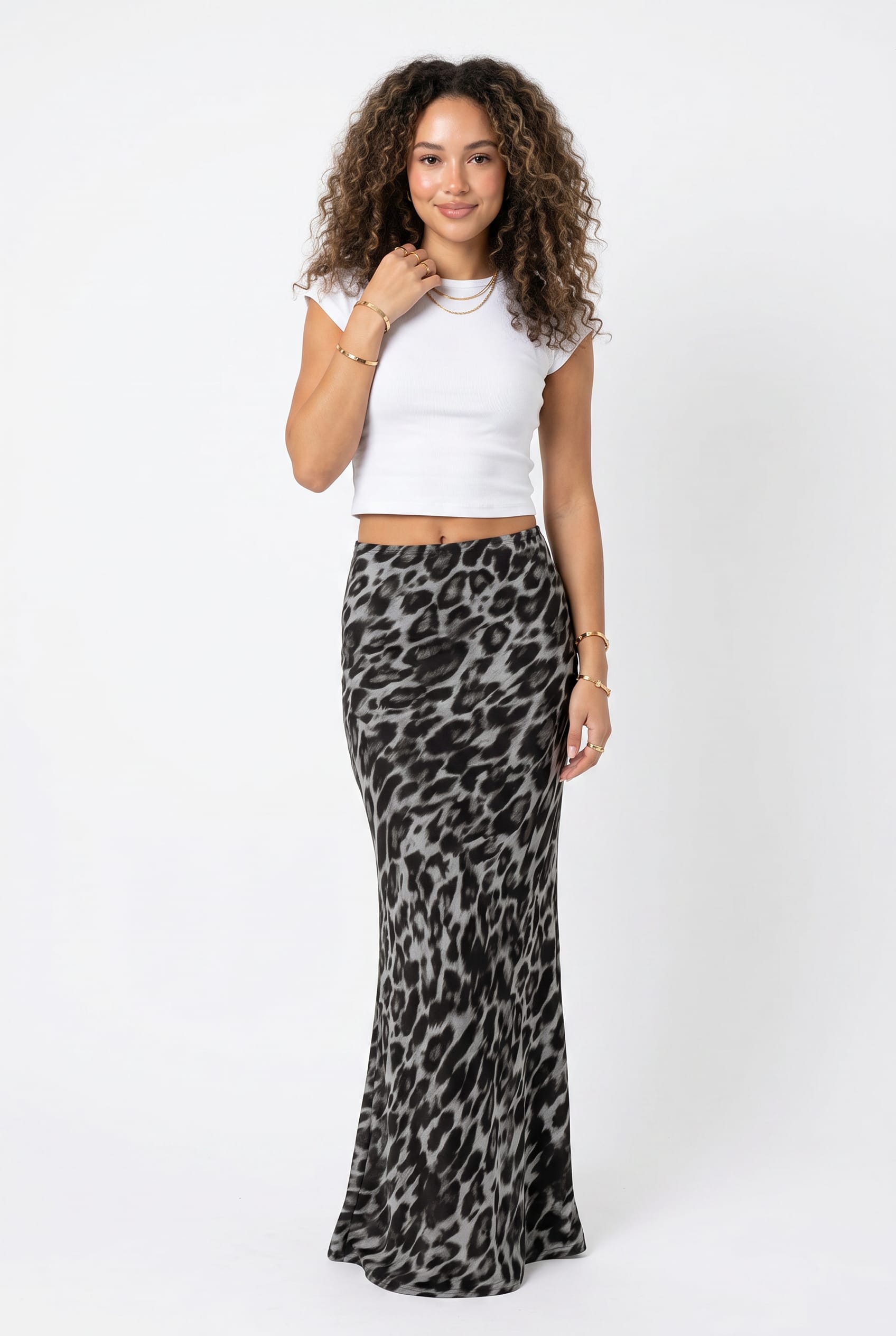 Grey Leopard Print Maxi Skirt