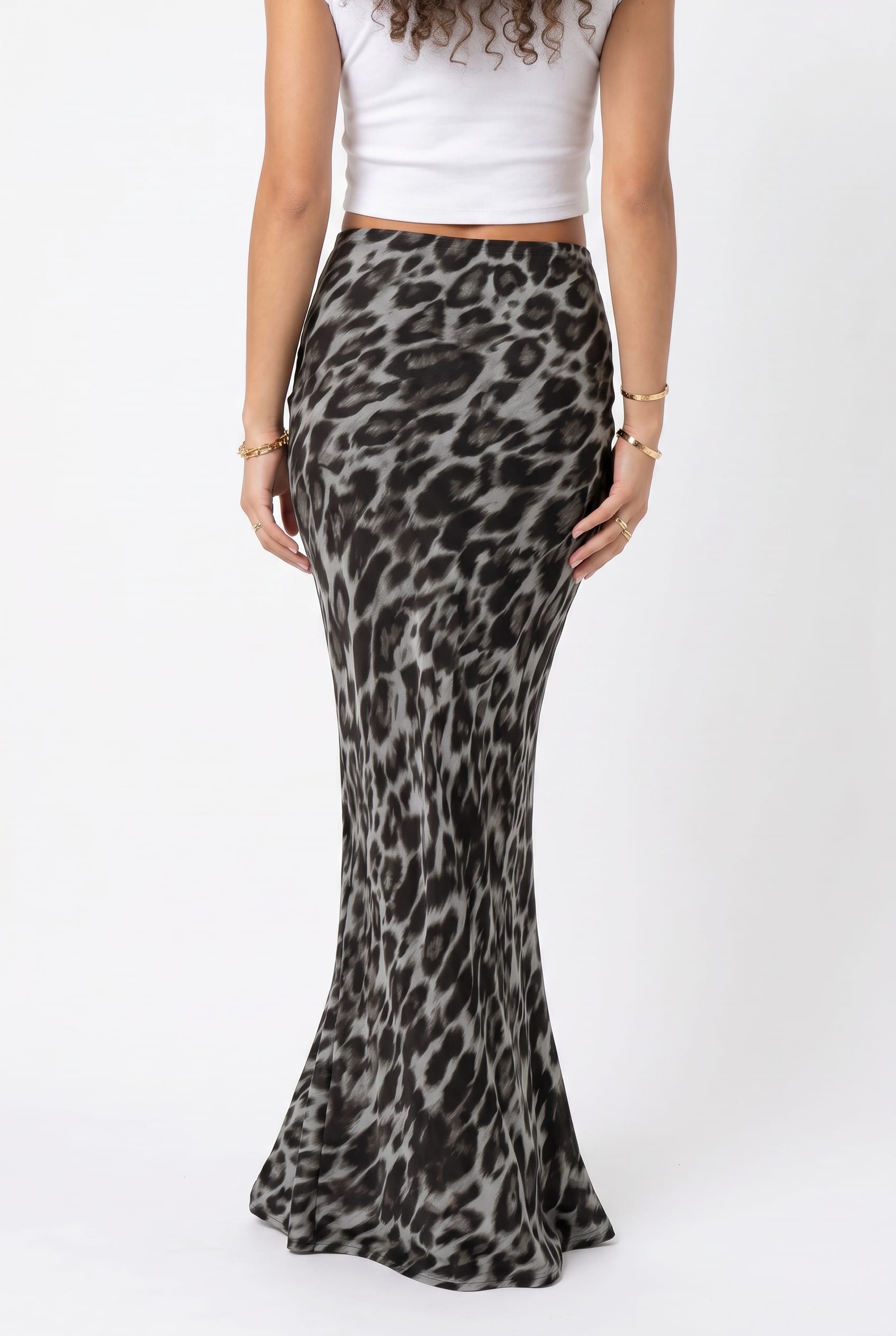 Grey Leopard Print Maxi Skirt