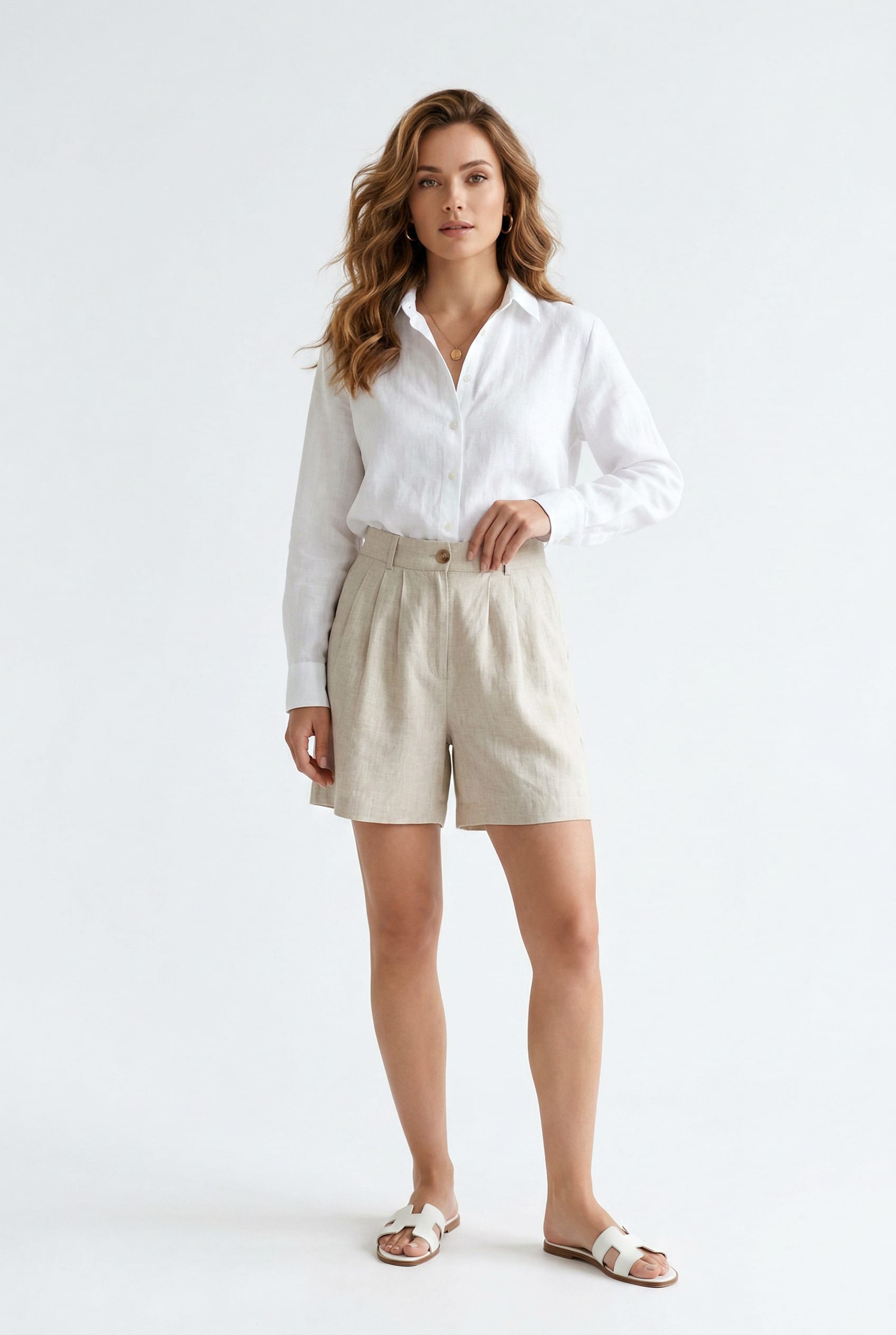 Natural Linen High-Waisted Pleated Shorts