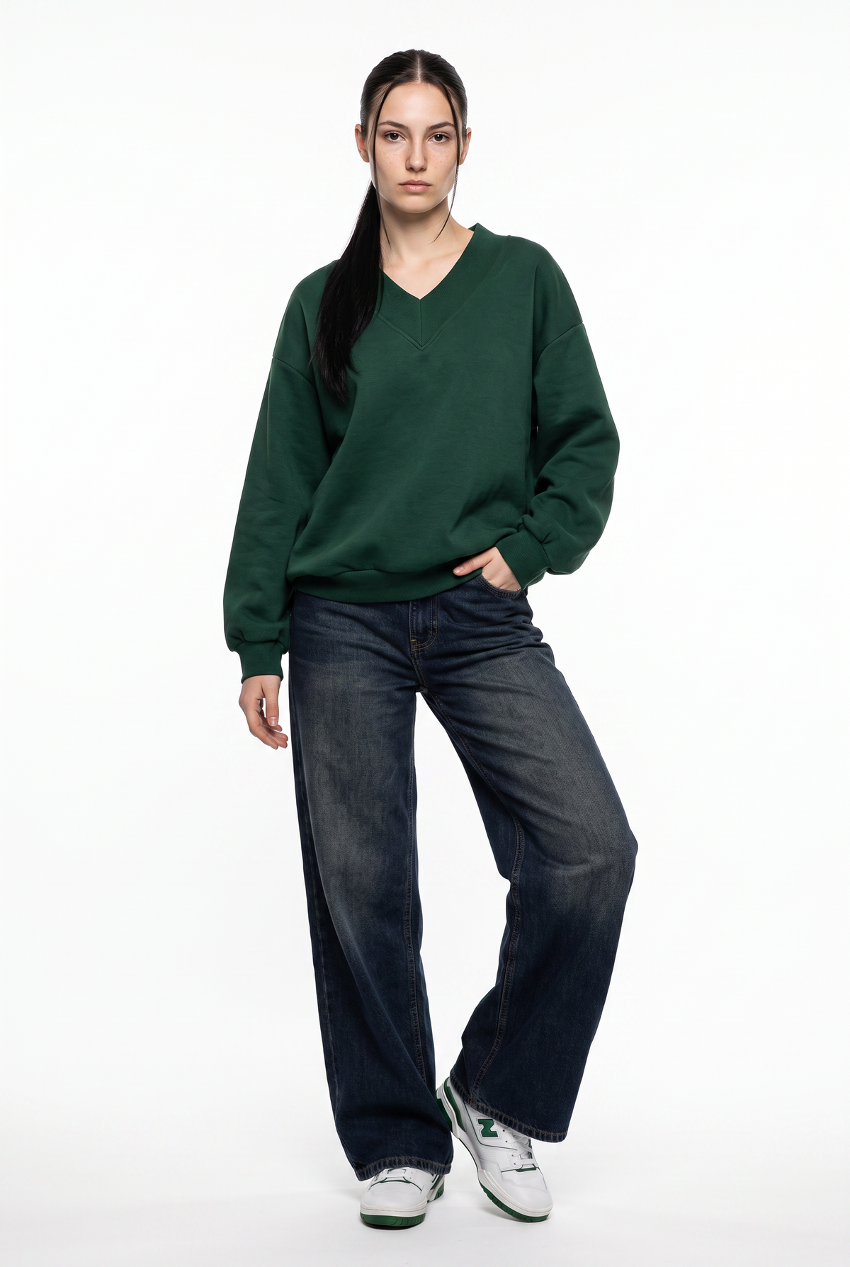 Forest Green Oversized V-Neck Sweatshirt