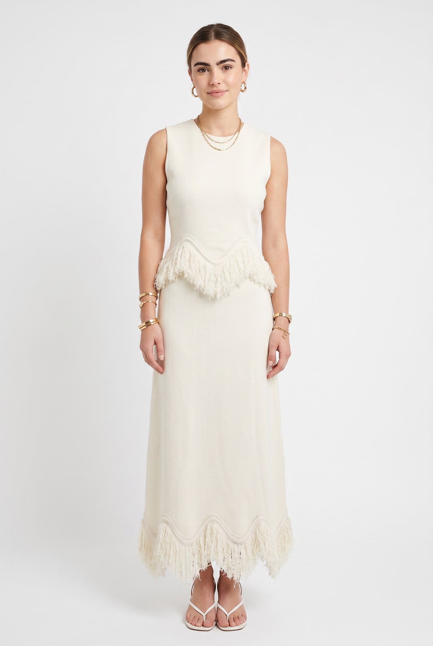 Cream Knit Co-ord Set With Fringe Detail