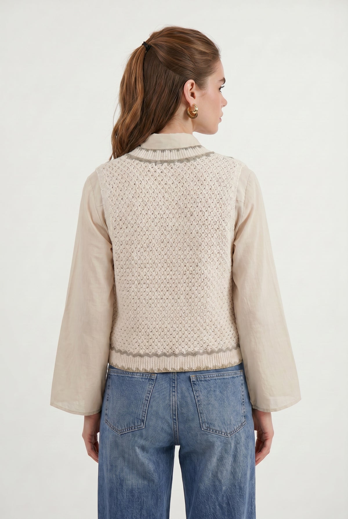 Beige Floral Embroidered Knit Vest