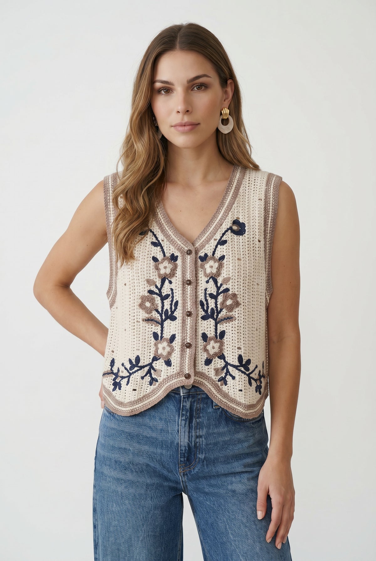 Beige Floral Crochet Embroidered Vest