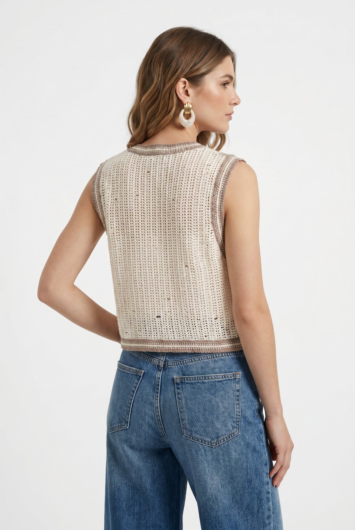 Beige Floral Crochet Embroidered Vest