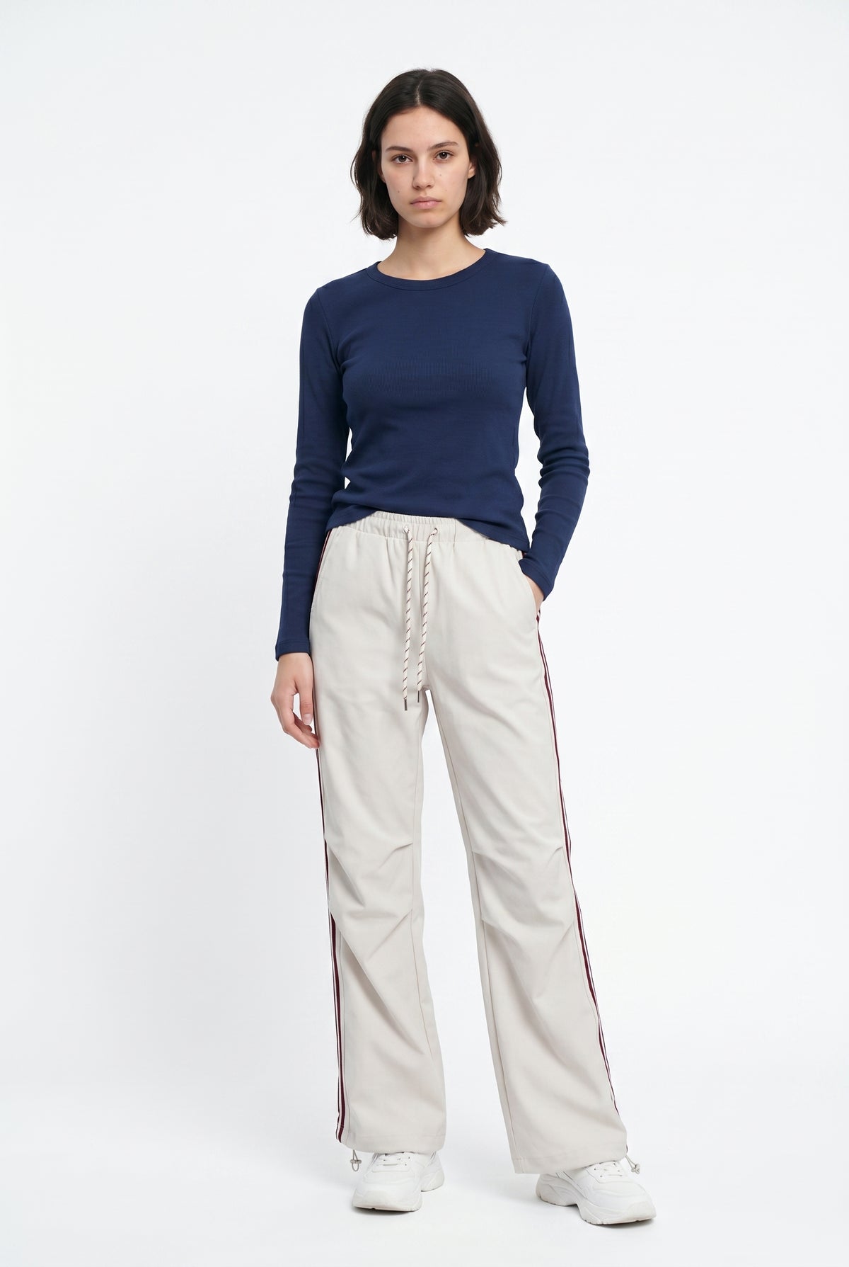 Beige Wide Leg Track Pants