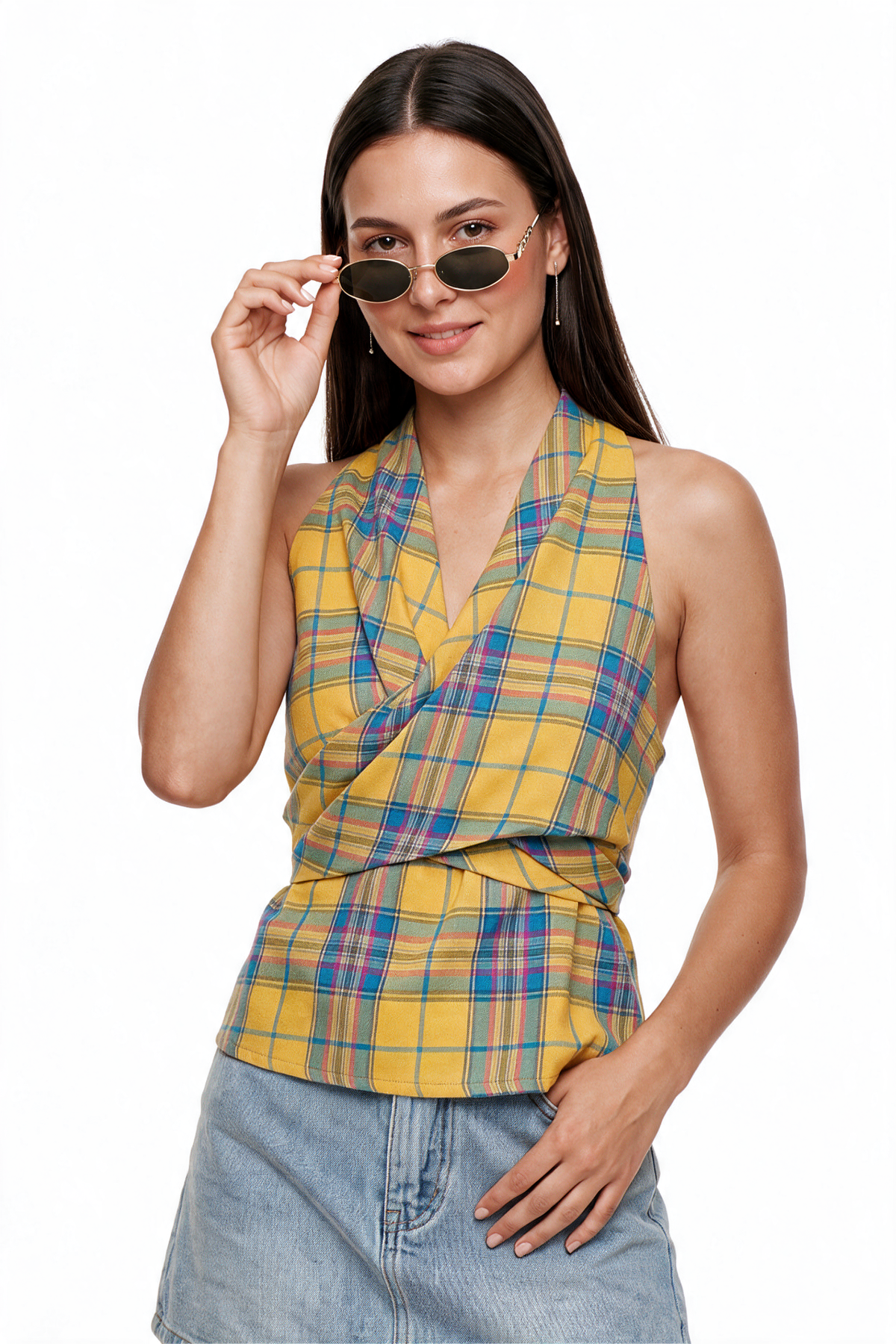 Yellow Plaid Halter Wrap Blouse