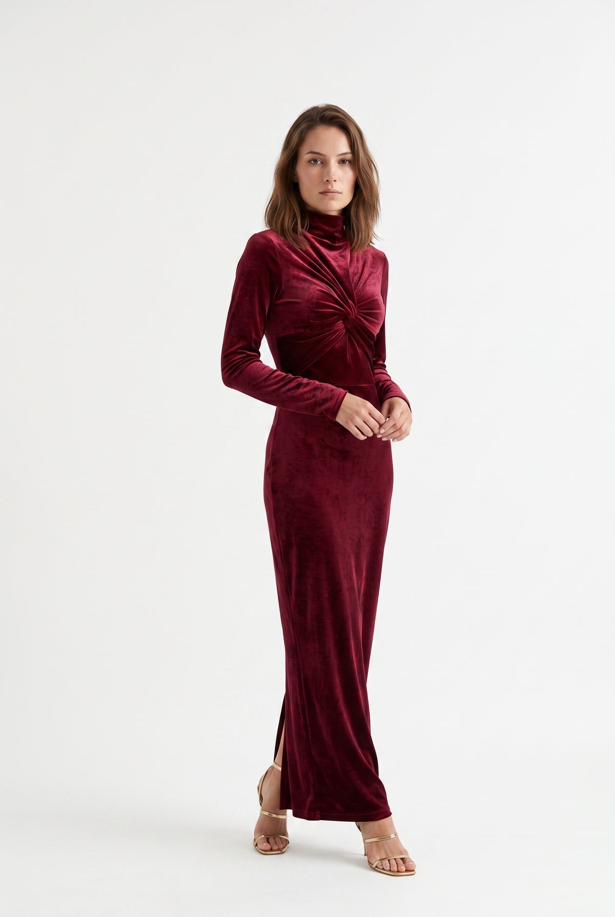 Burgundy Velvet Twist Front Maxi Dress