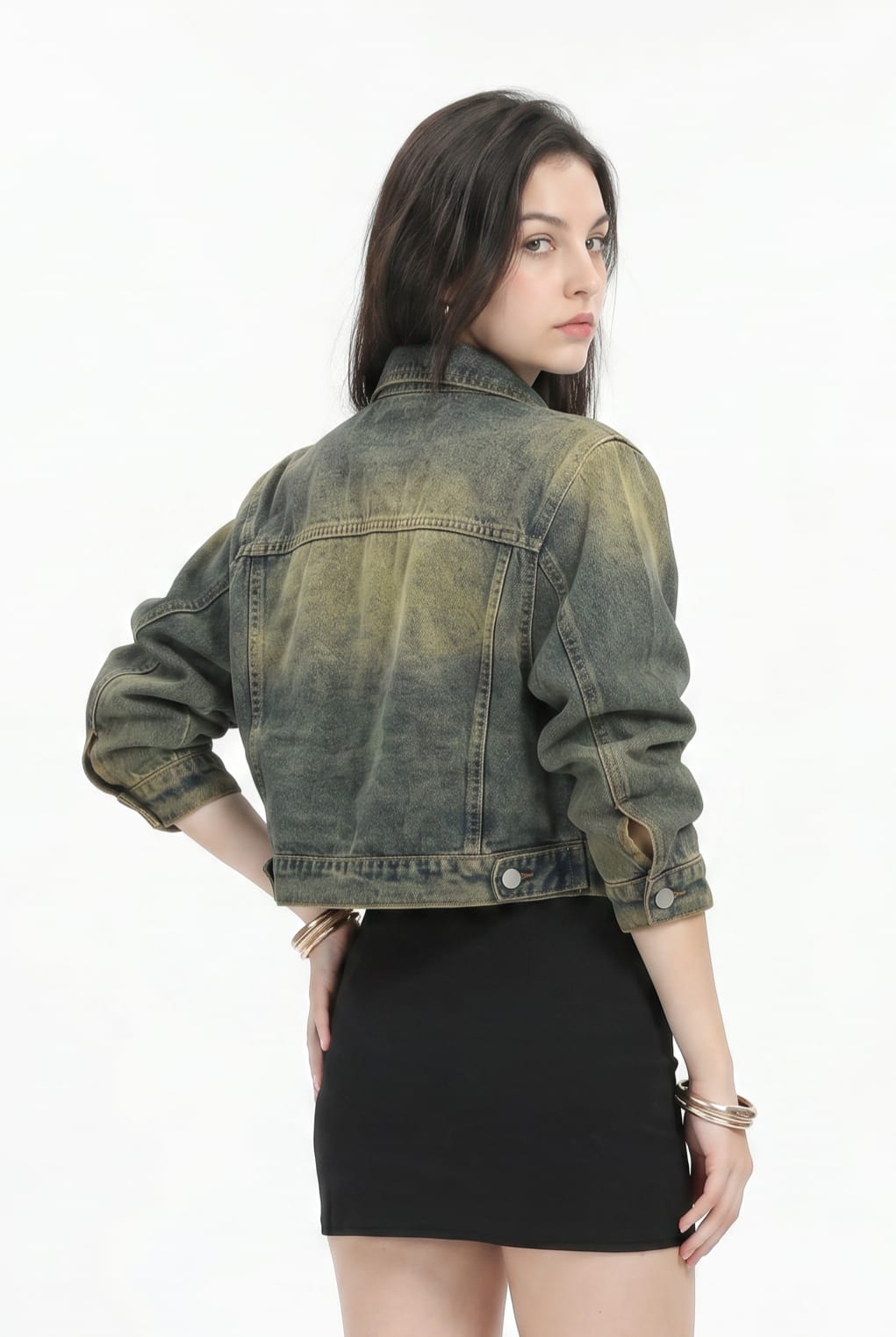 Olive Green Cropped Denim Jacket