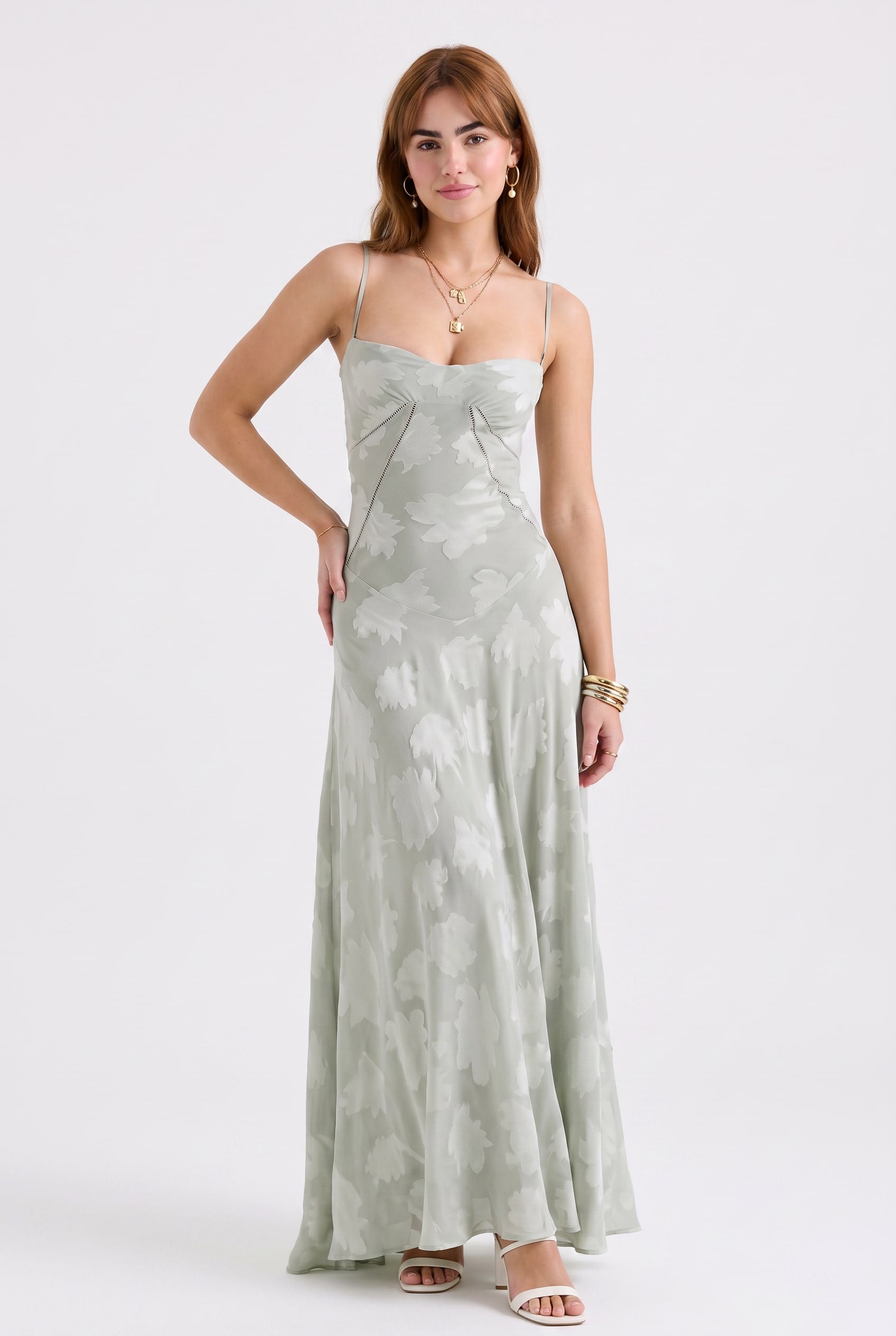Sage Floral Print Satin Maxi Dress