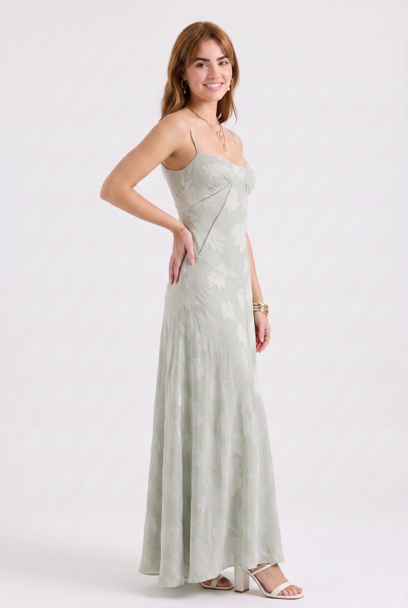 Sage Floral Print Satin Maxi Dress