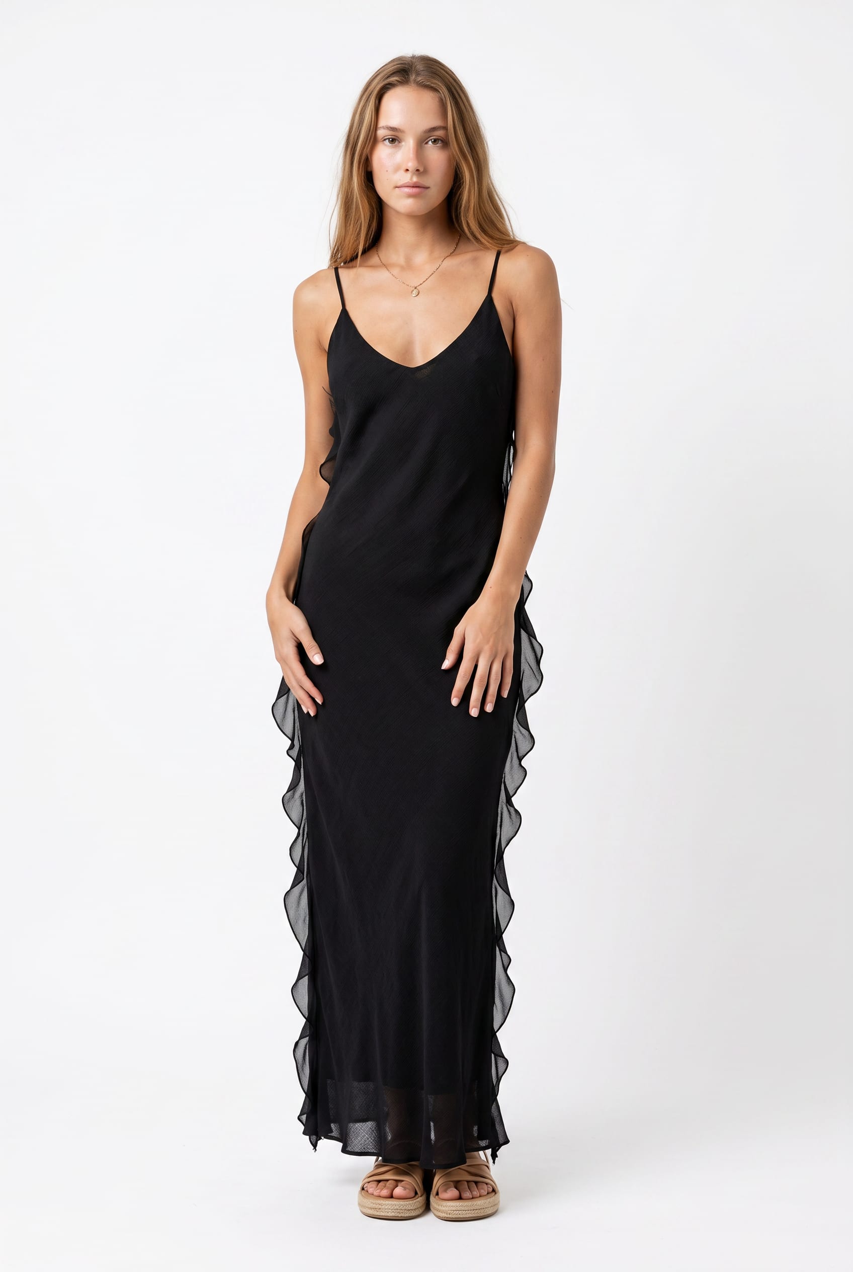 Black Ruffle Trim Slip Maxi Dress