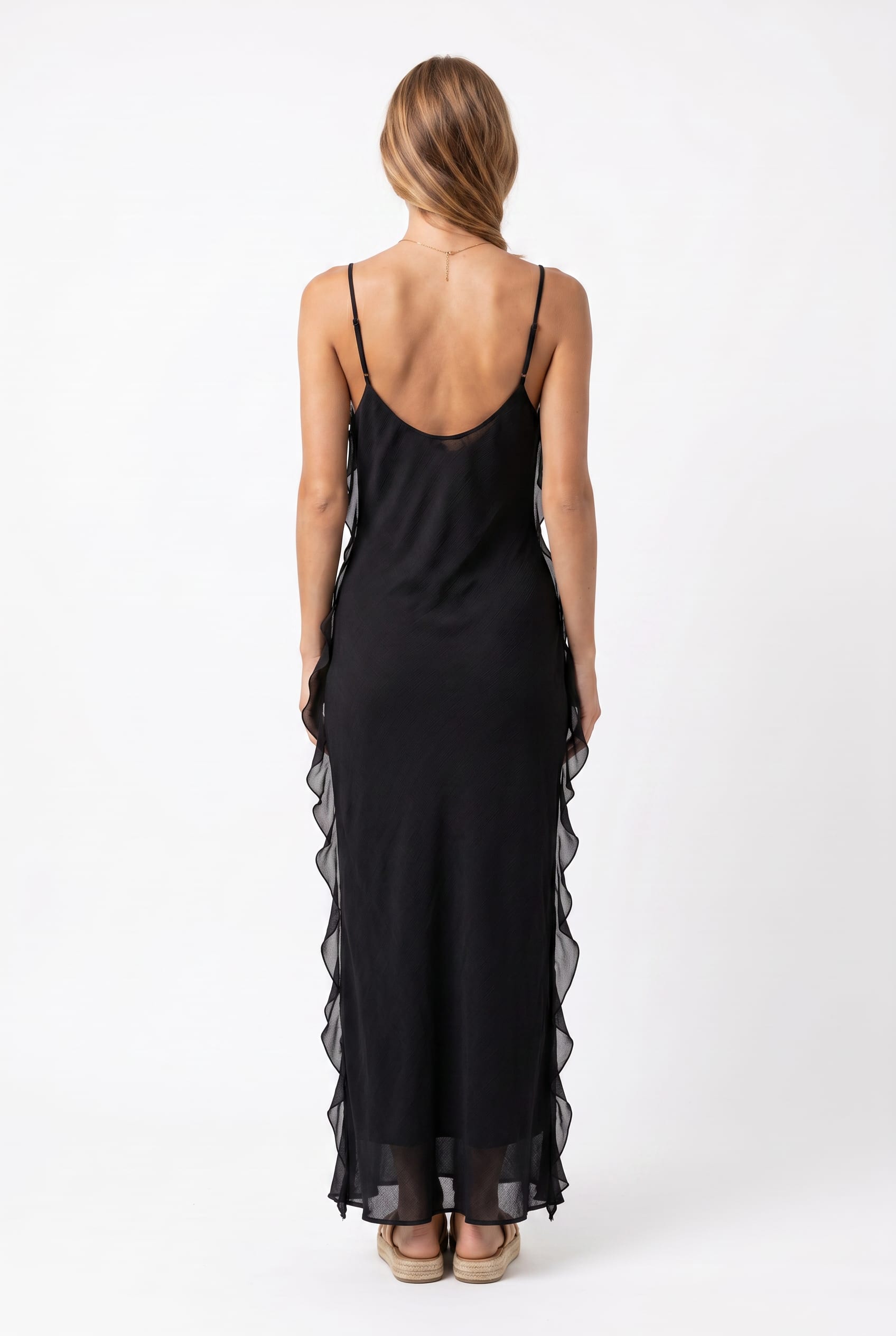 Black Ruffle Trim Slip Maxi Dress