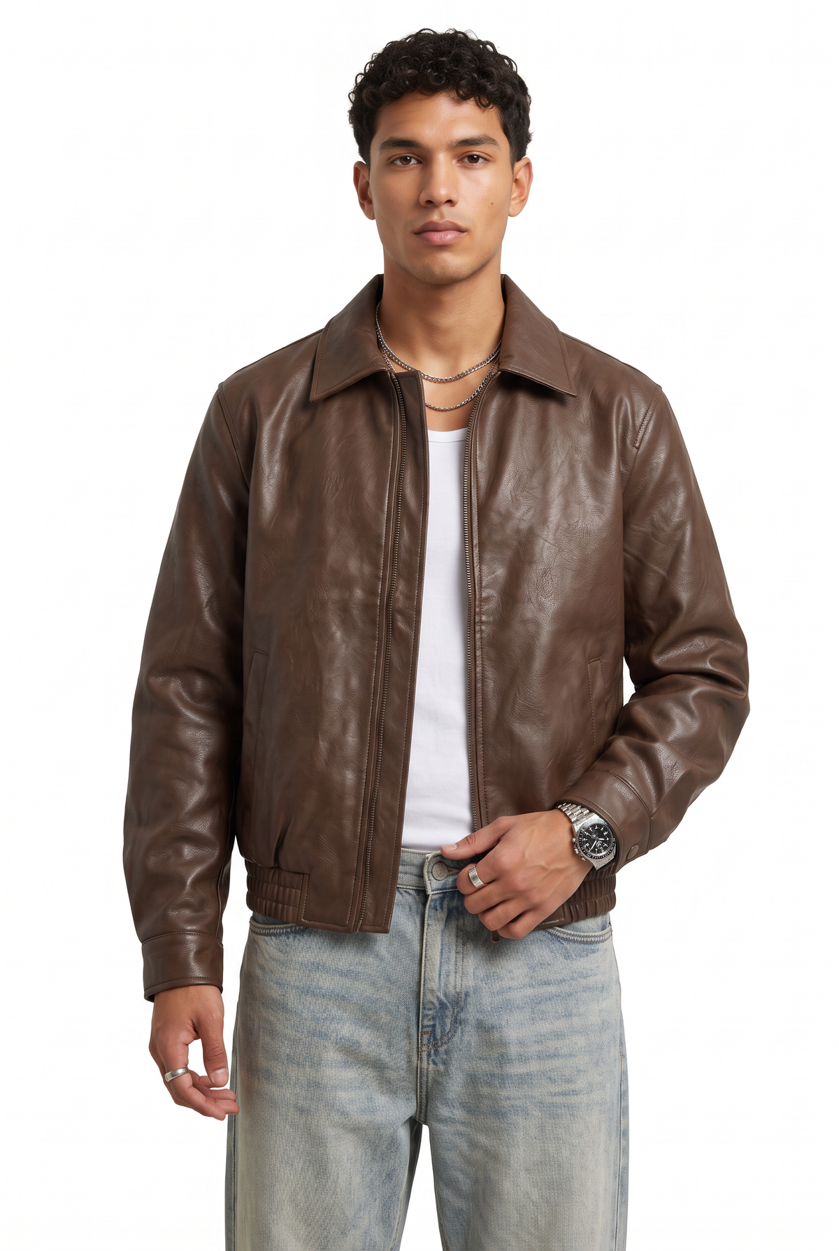 Collared Brown Leather Bomber Jacket