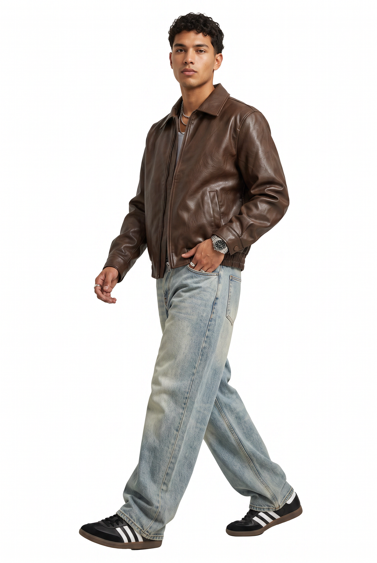 Collared Brown Leather Bomber Jacket