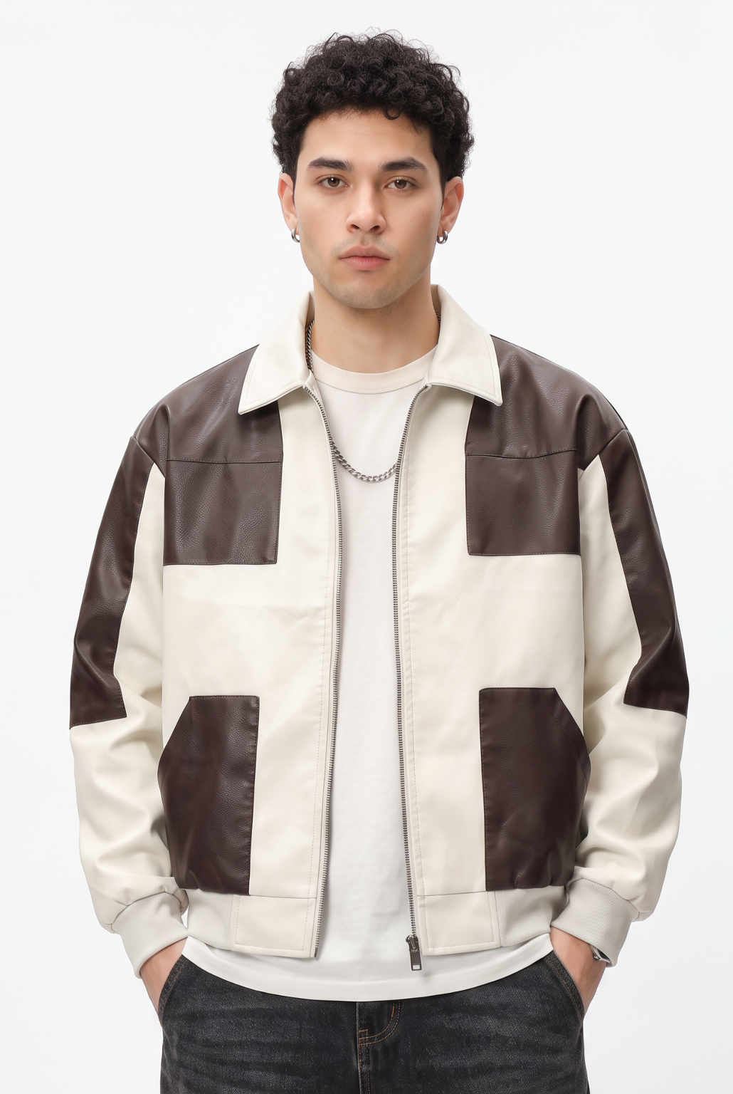 Colorblock Cream Leather Bomber Jacket