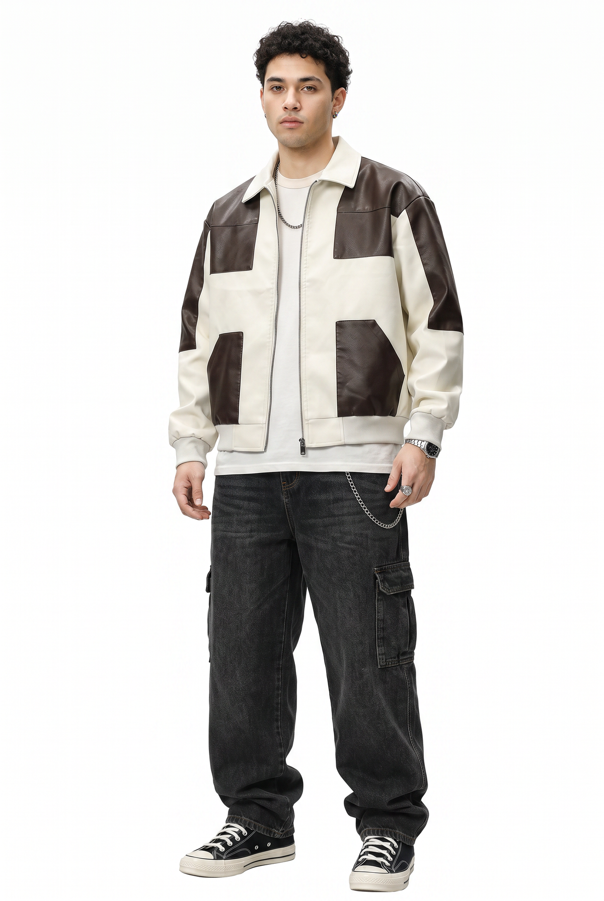 Colorblock Cream Leather Bomber Jacket