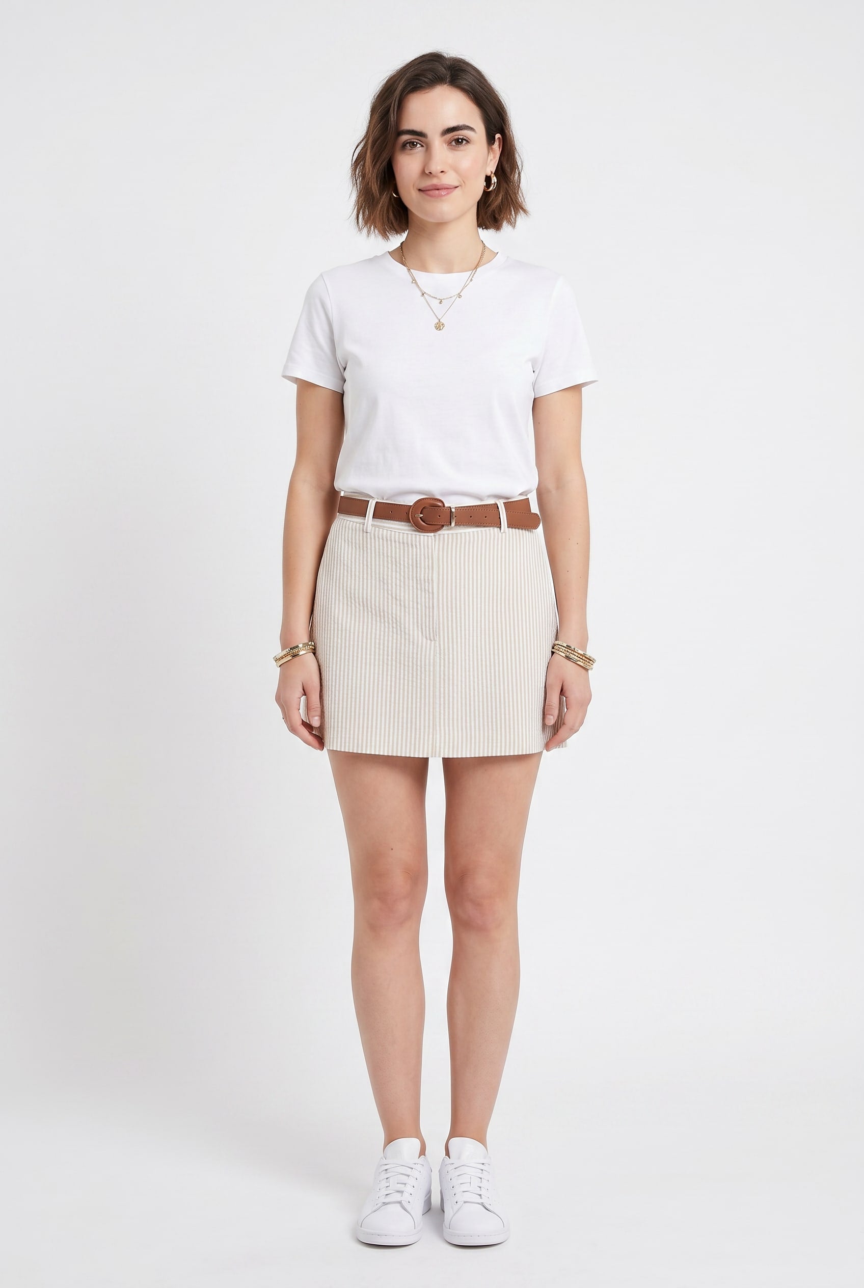 Beige Striped Linen-Blend Mini Skort