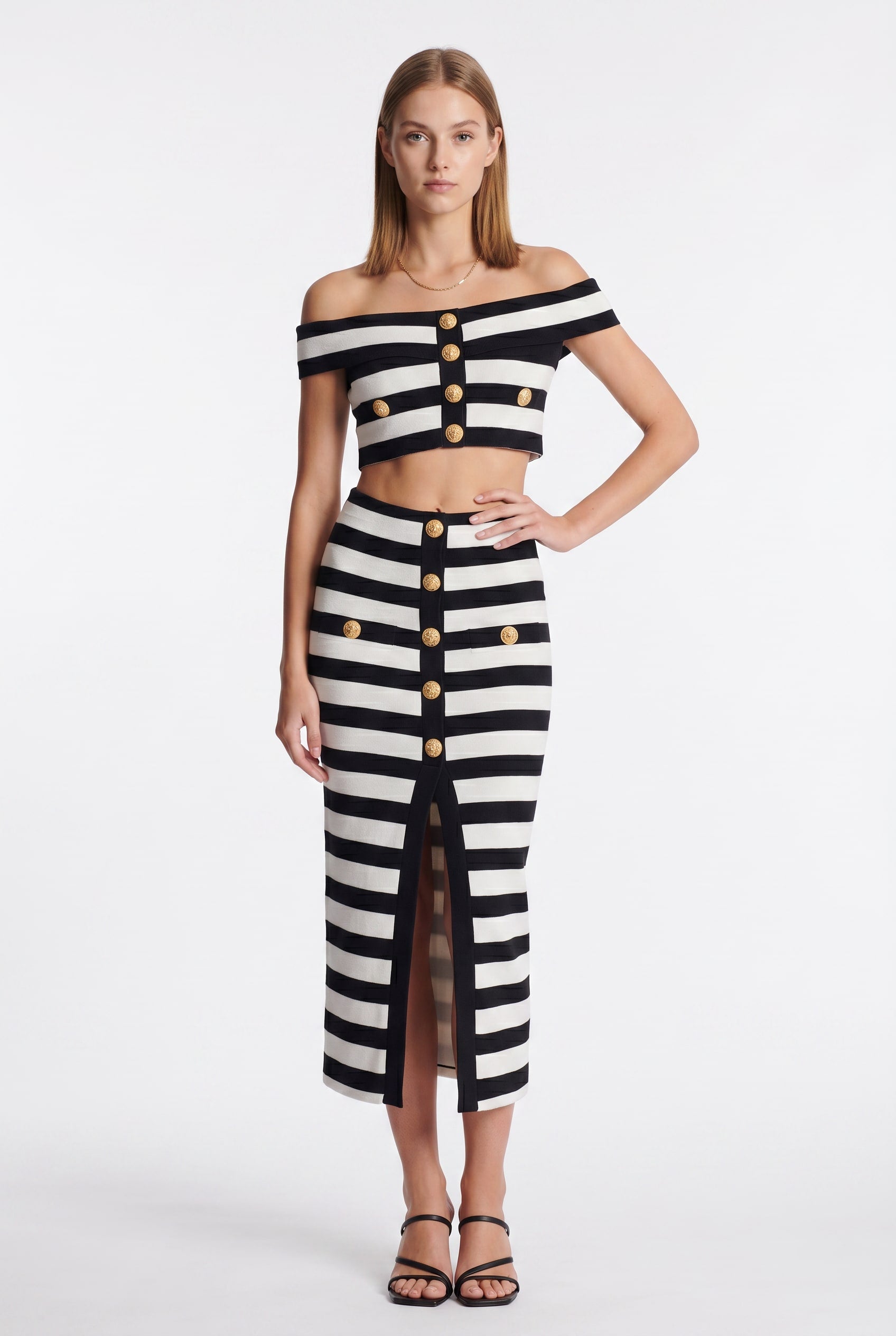 Striped Off-Shoulder Crop Top Midi Skirt Co-ord