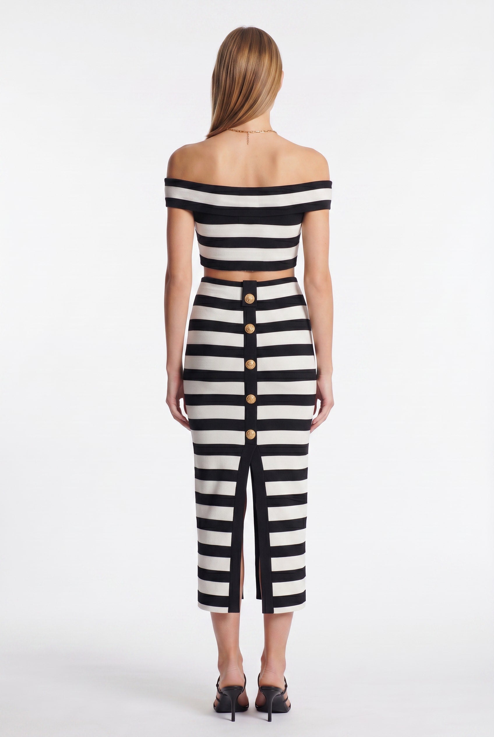 Striped Off-Shoulder Crop Top Midi Skirt Co-ord
