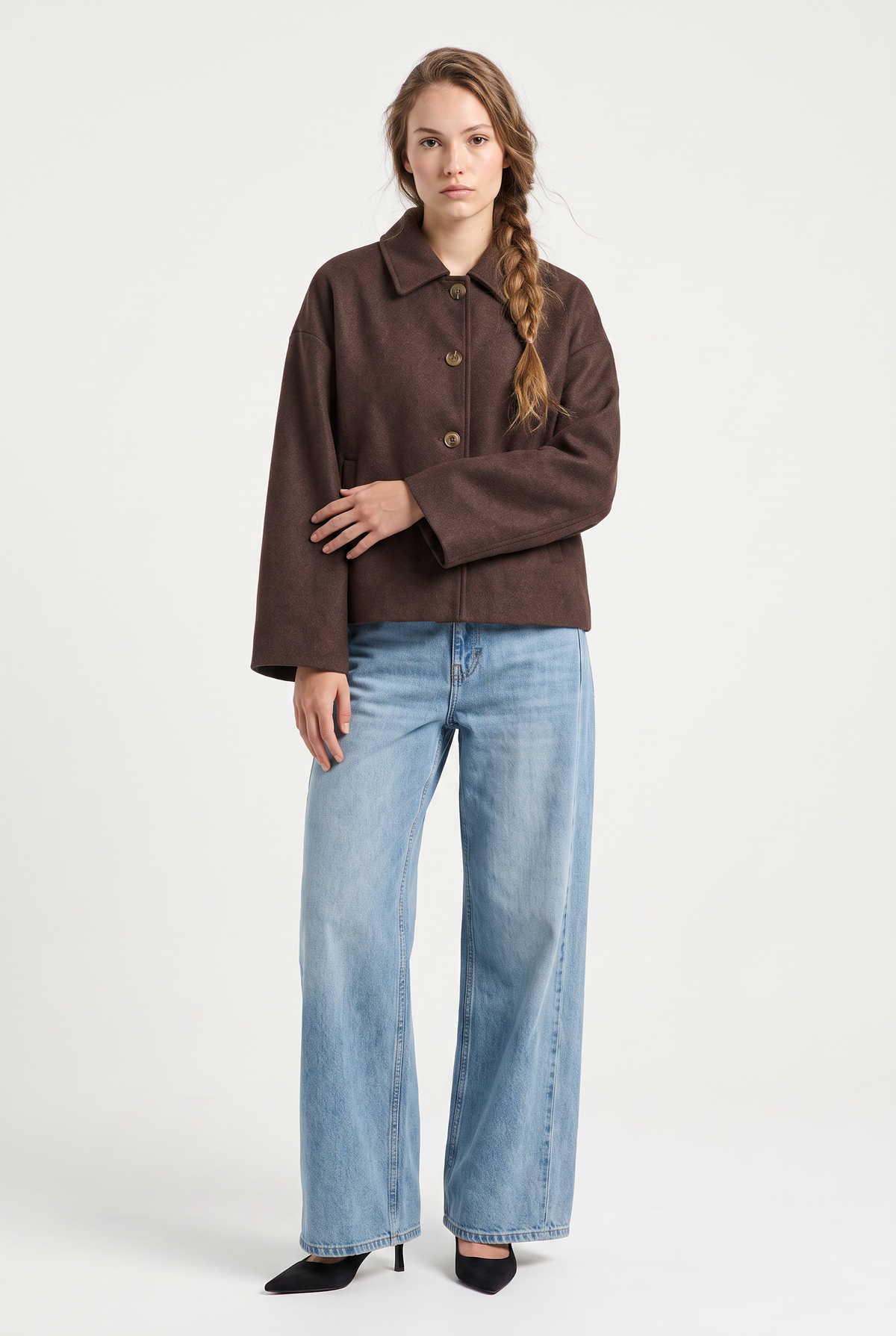 Brown Cropped Wool Shirt Jacket