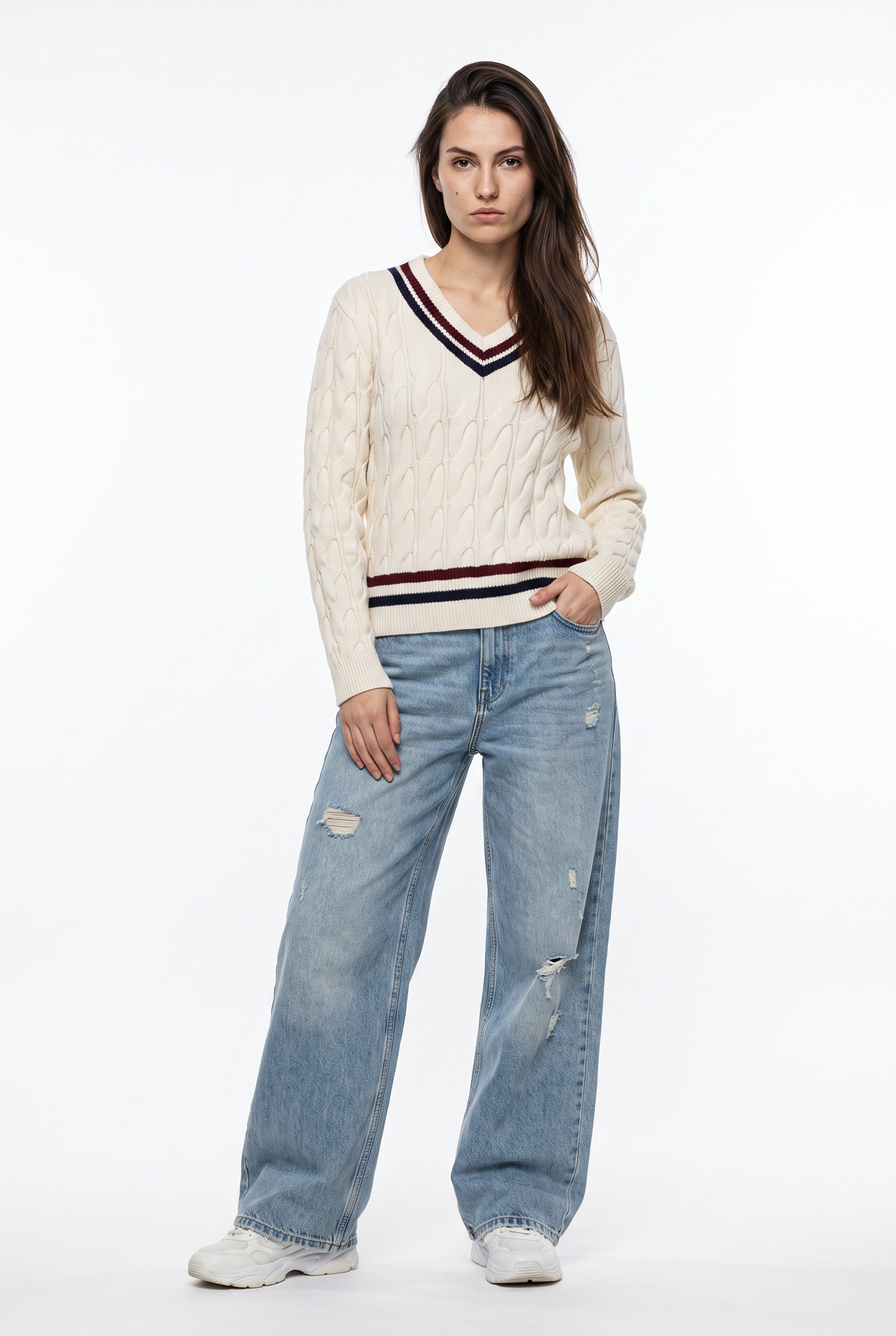 Cream Cable Knit V-Neck Sweater