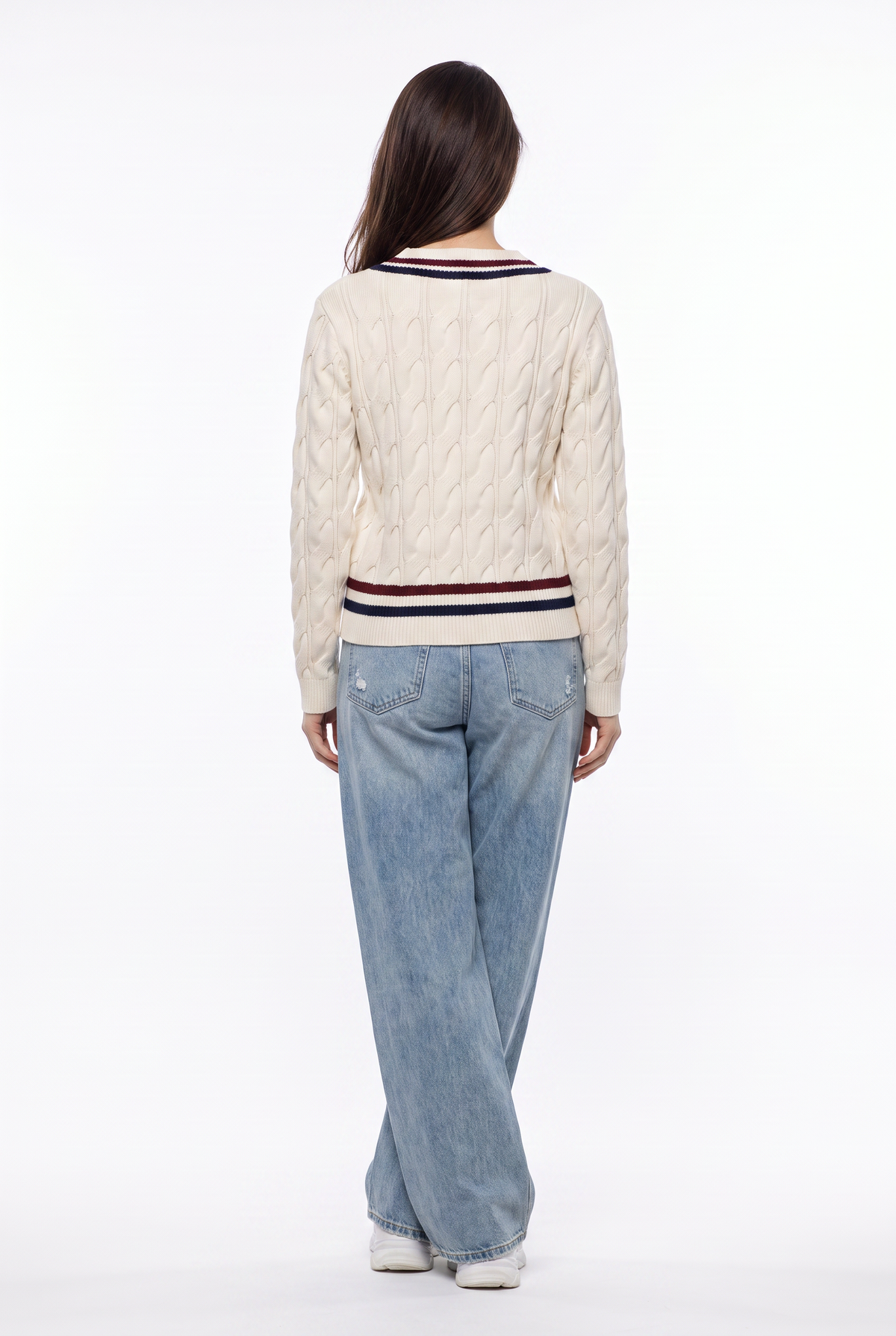 Cream Cable Knit V-Neck Sweater