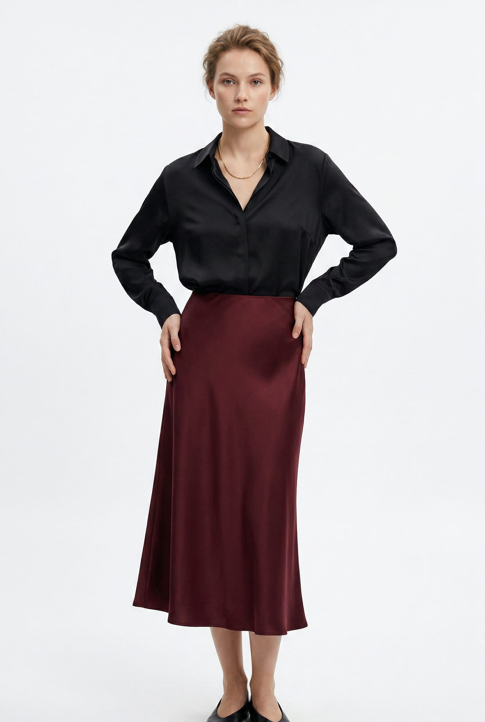 Burgundy Satin Midi Slip Skirt
