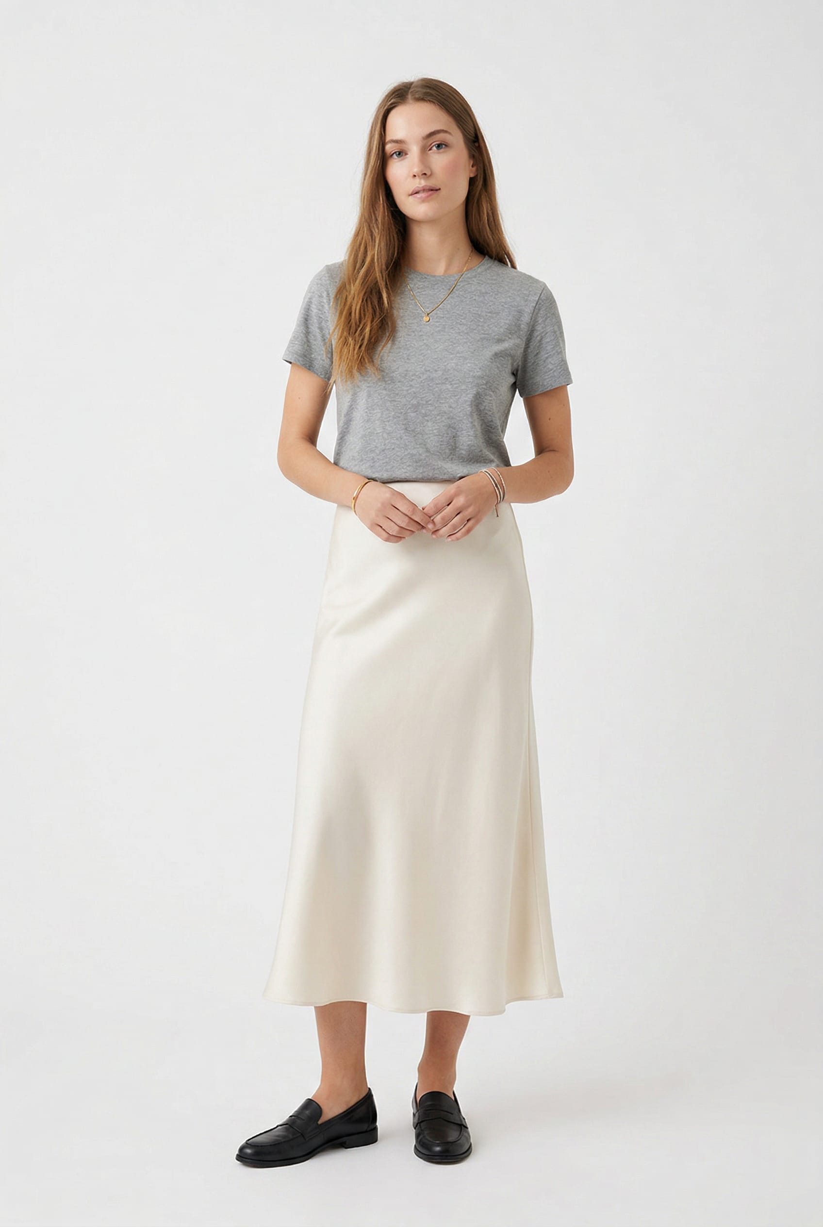 Ivory Satin Bias-Cut Midi Skirt