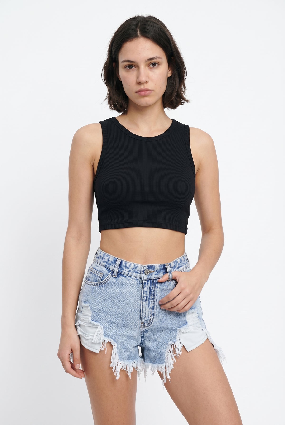 Blue Acid Wash Distressed Denim Shorts