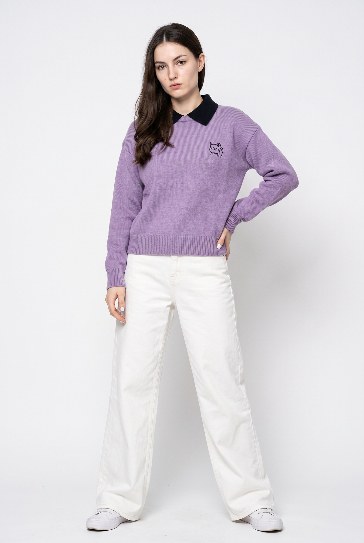 Purple Polo Collar Knit Sweater