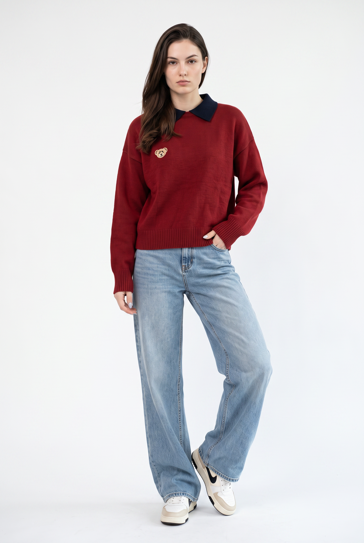 Red Polo Collar Knit Sweater