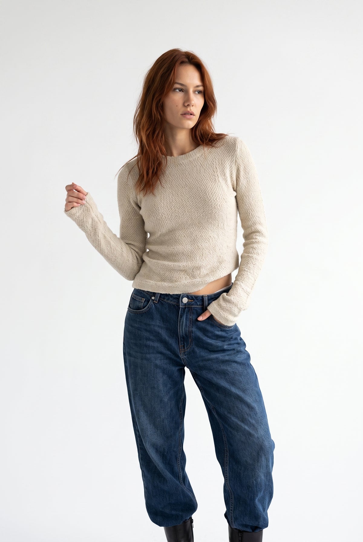 Beige Cropped Textured Knit Sweater