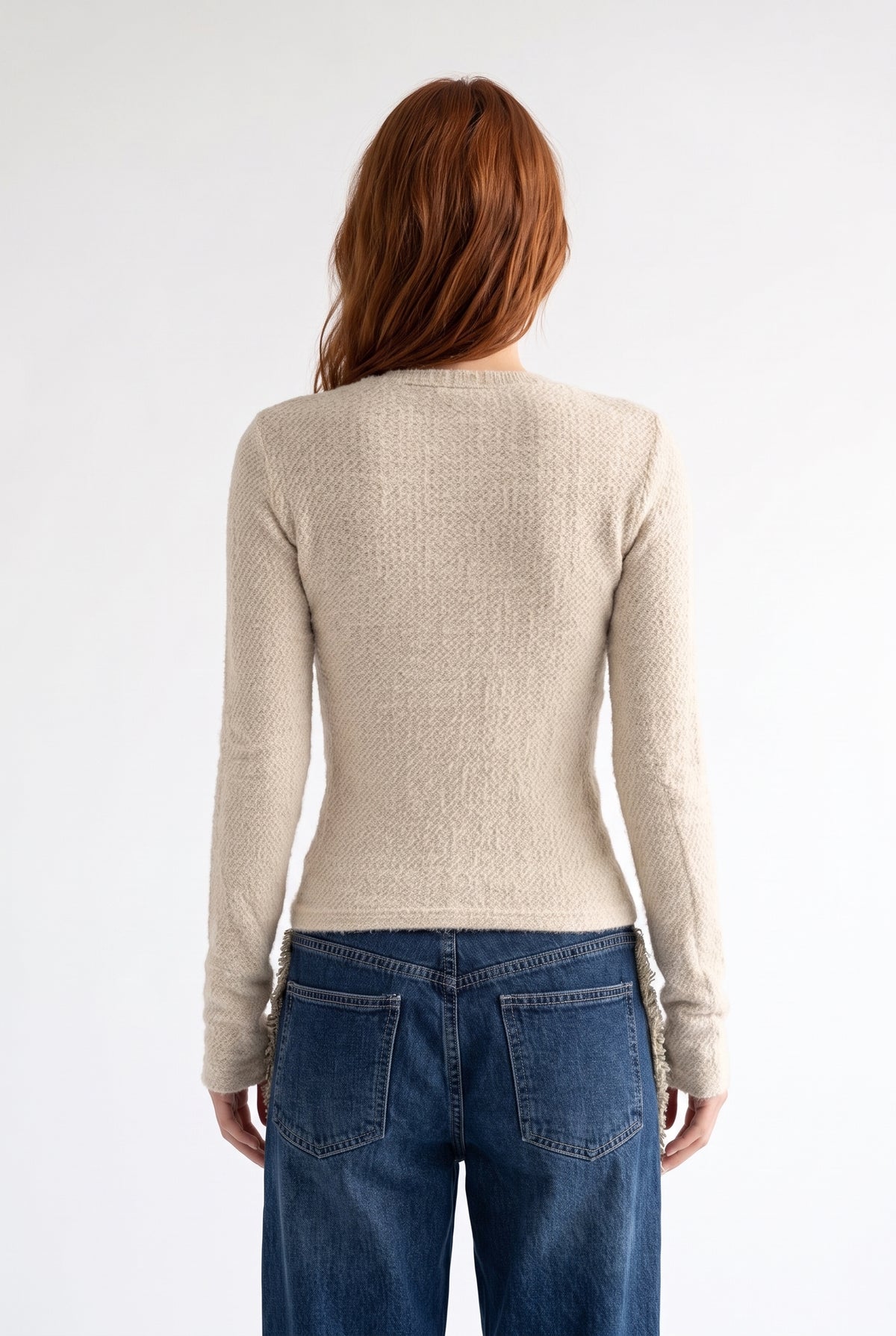 Beige Cropped Textured Knit Sweater