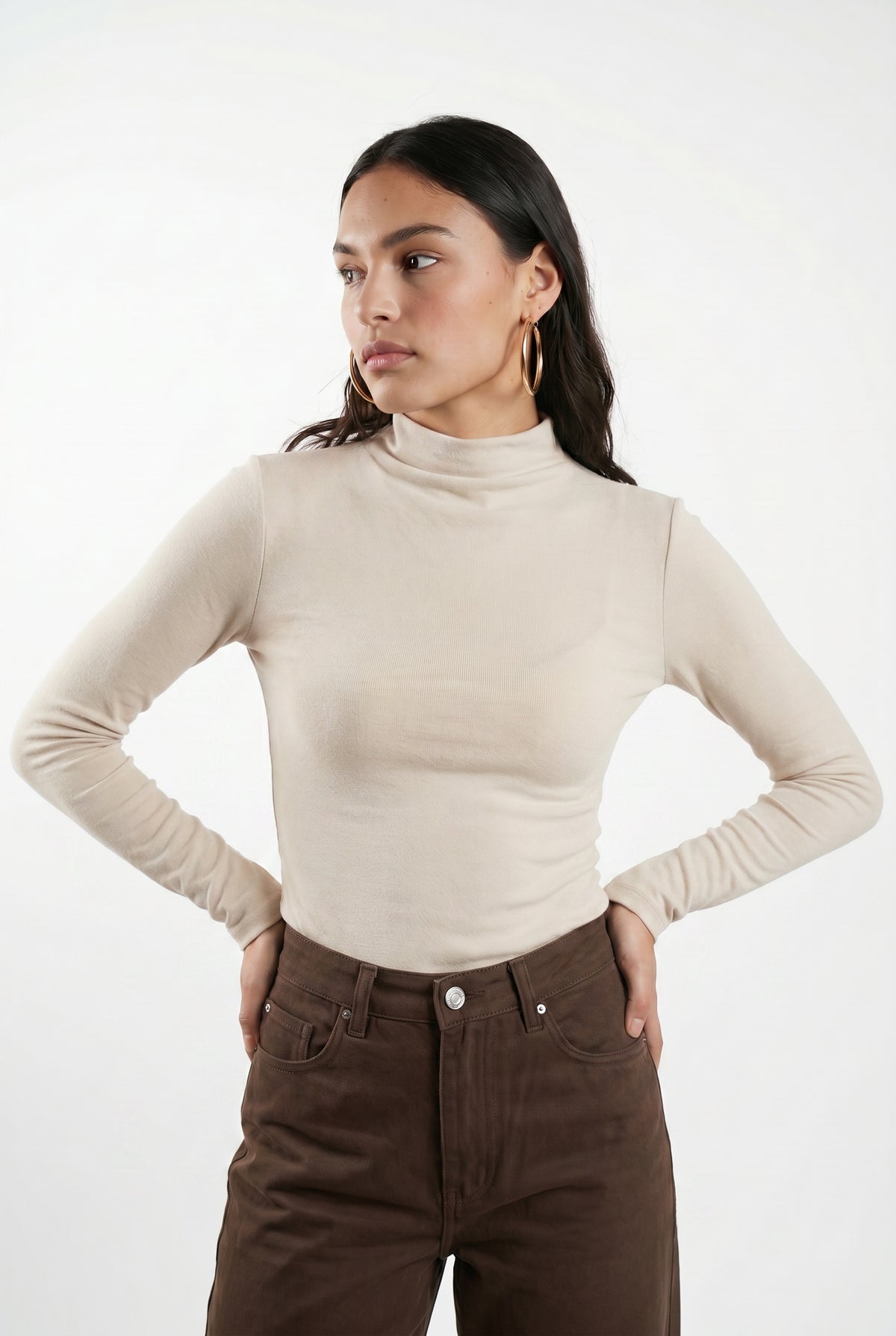Beige Mock Neck Fitted Top
