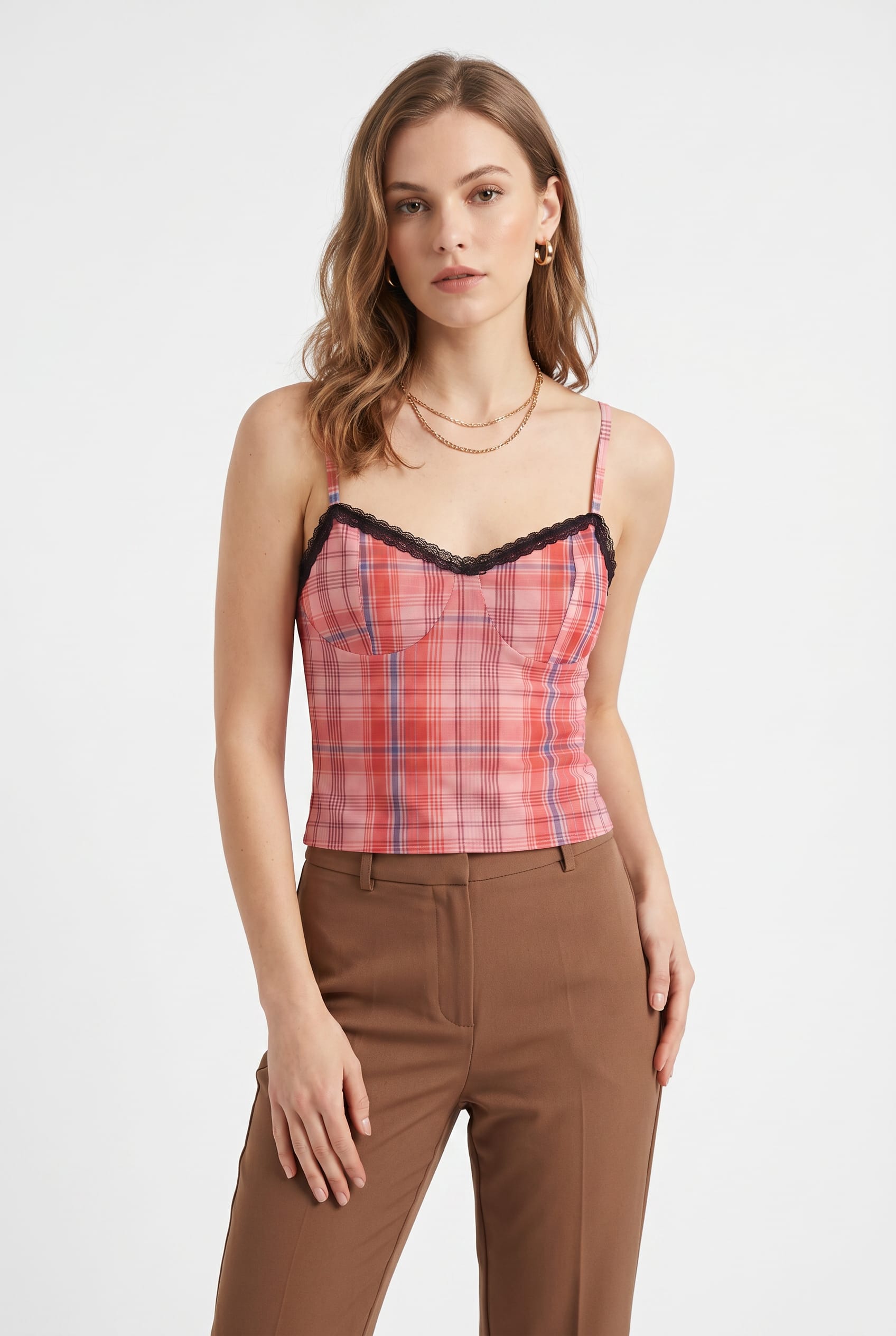 Pink Plaid Lace-Trim Cami Top