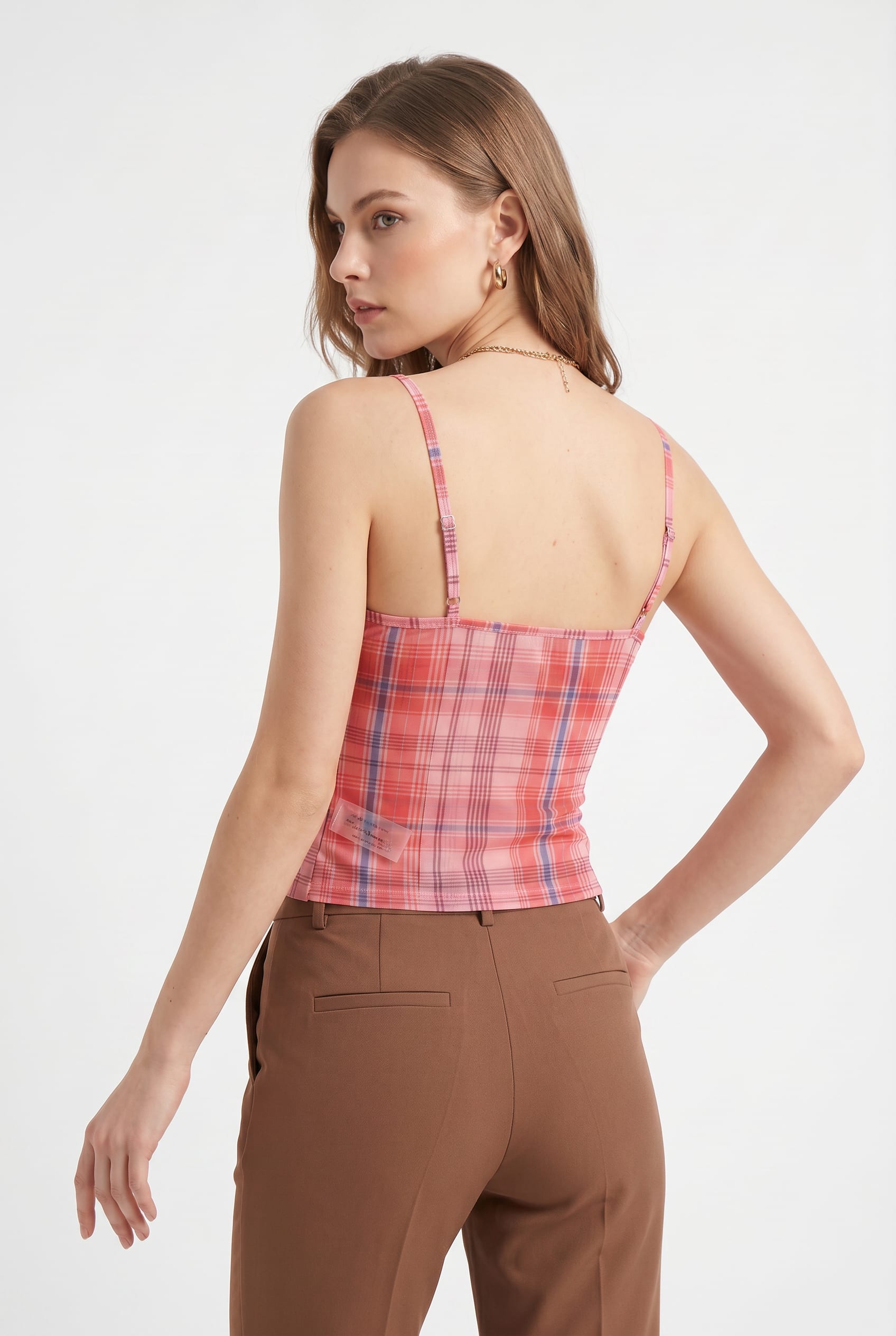 Pink Plaid Lace-Trim Cami Top
