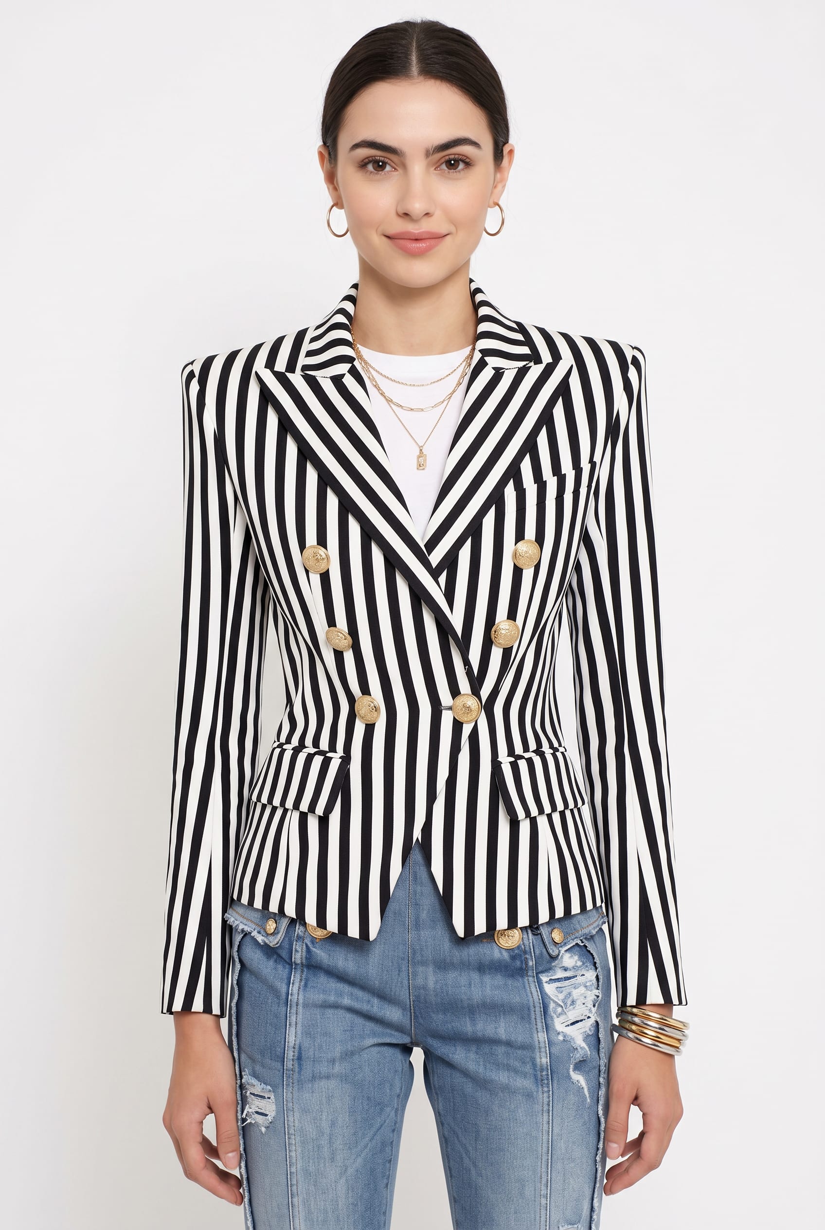Black White Striped Double-Breasted Blazer