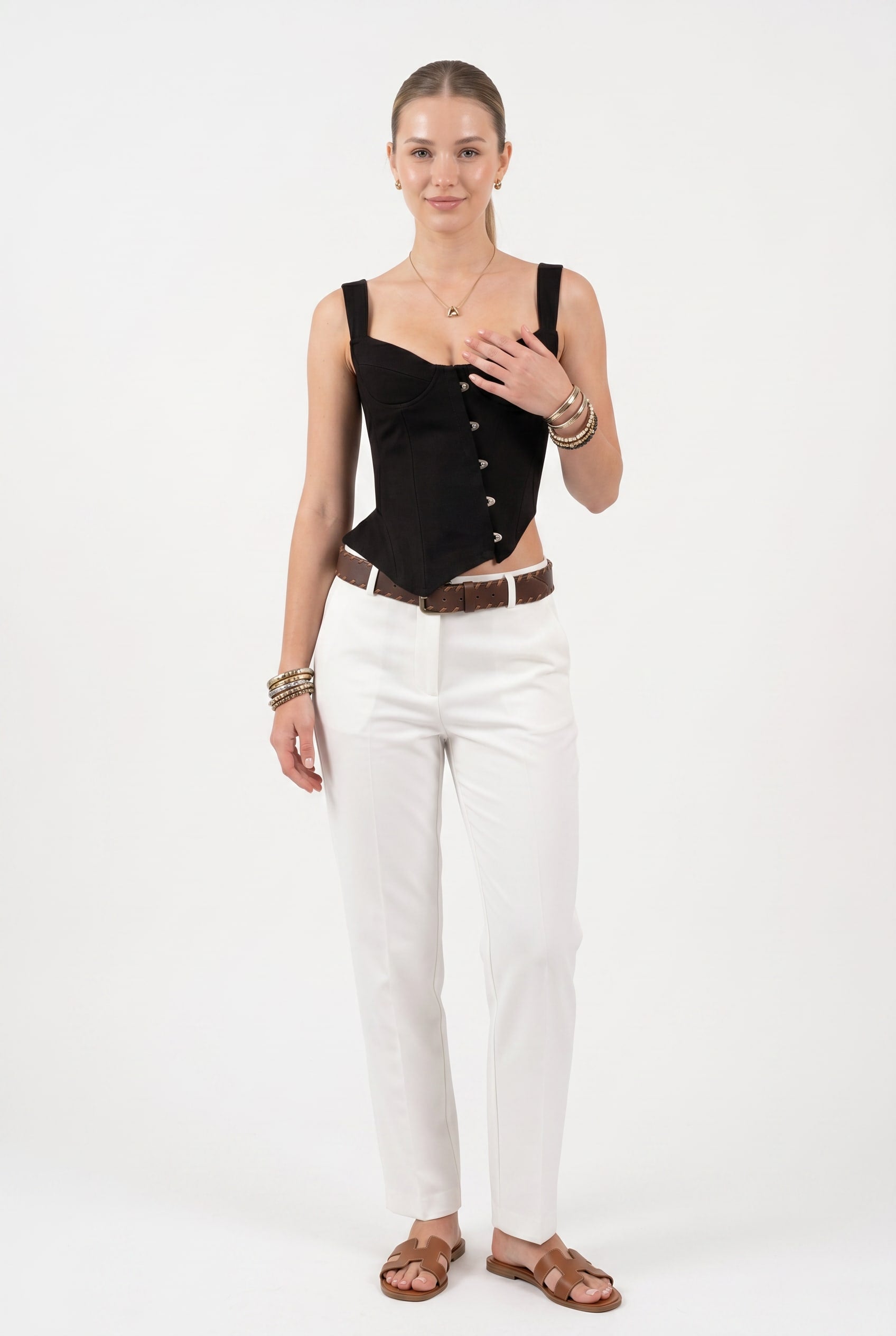 Black Structured Button-Front Corset Top