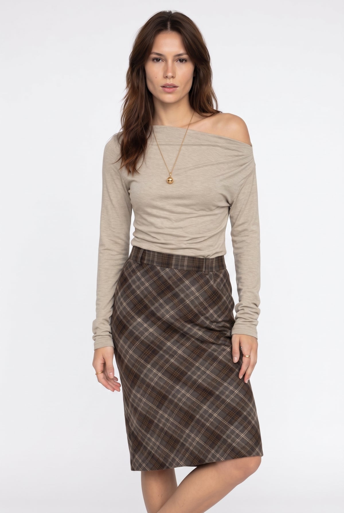 Beige Off-Shoulder Long Sleeve Top