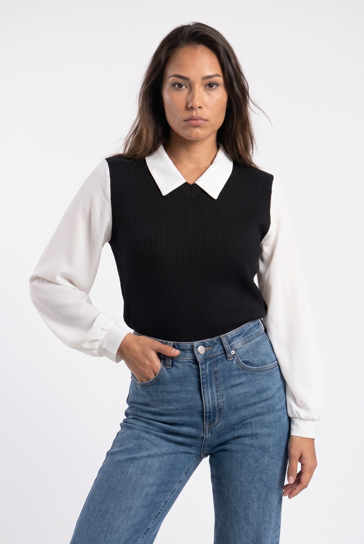 Black Collared Ribbed Knit Blouse