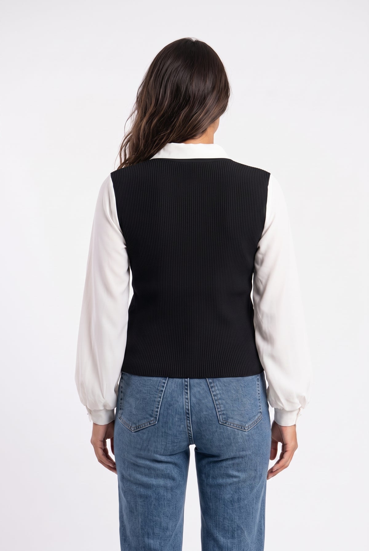 Black Collared Ribbed Knit Blouse