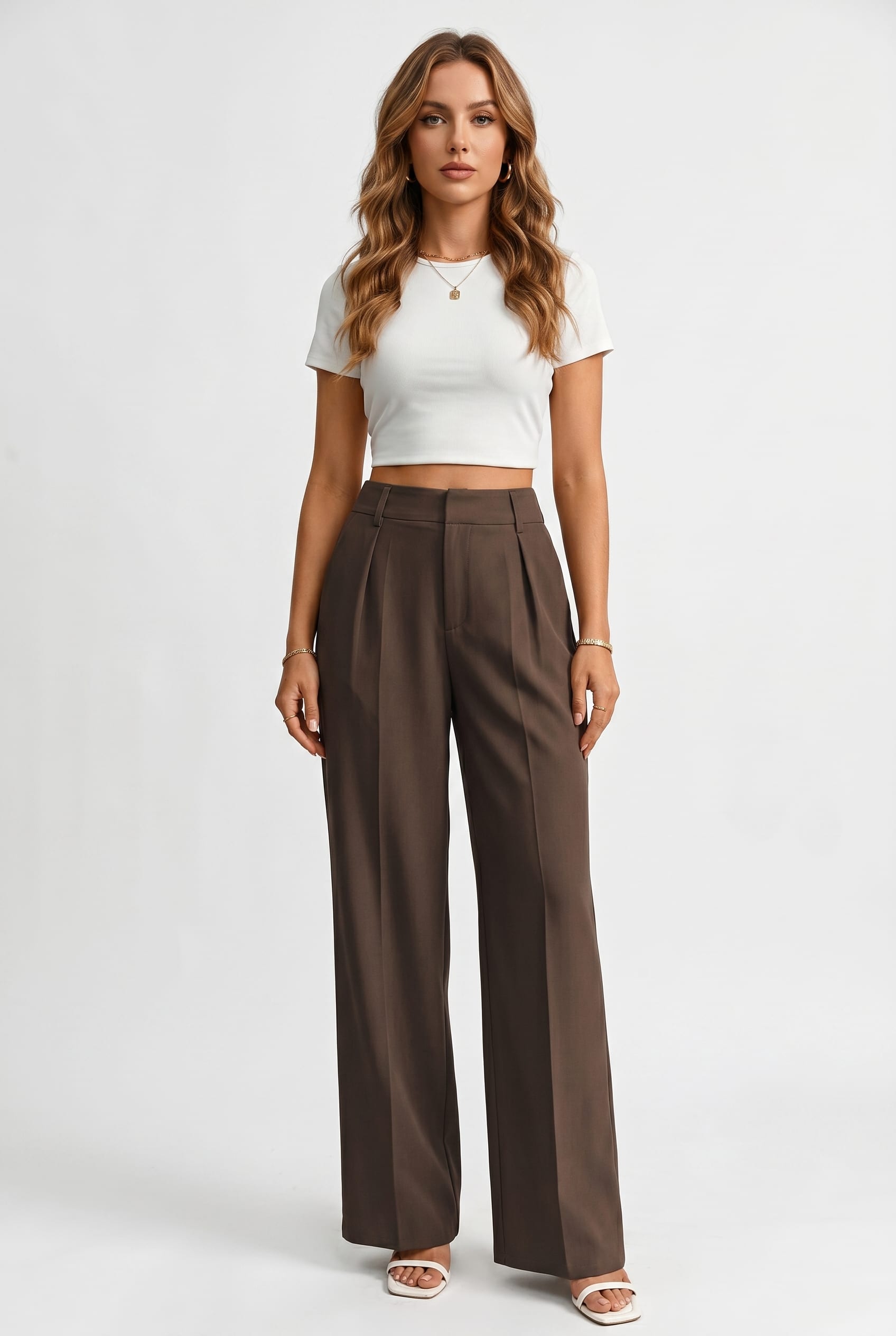 Chocolate Brown Pleated Wide Leg Trousers