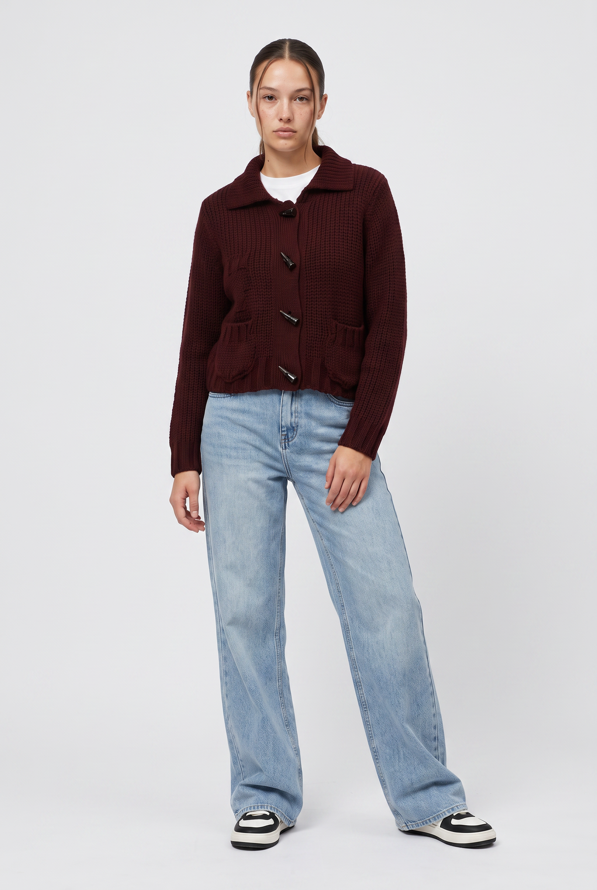 Burgundy Chunky Knit Cropped Cardigan