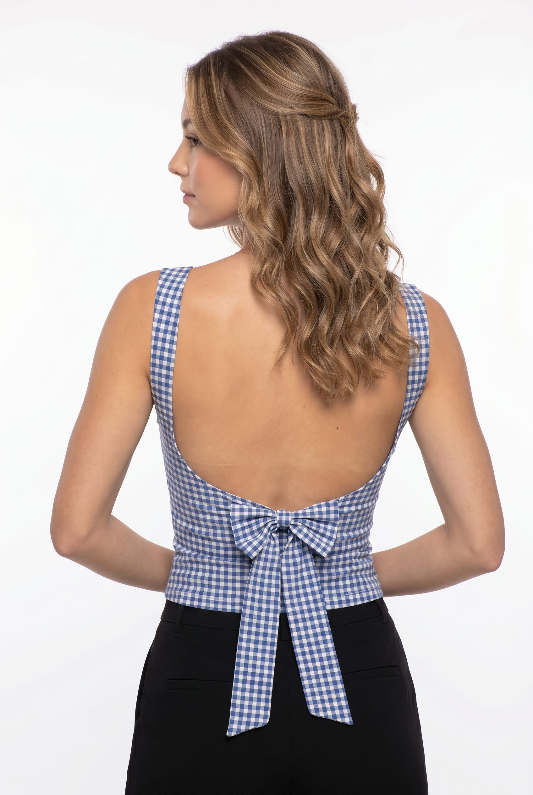 Navy Gingham Check Fitted Crop Tank