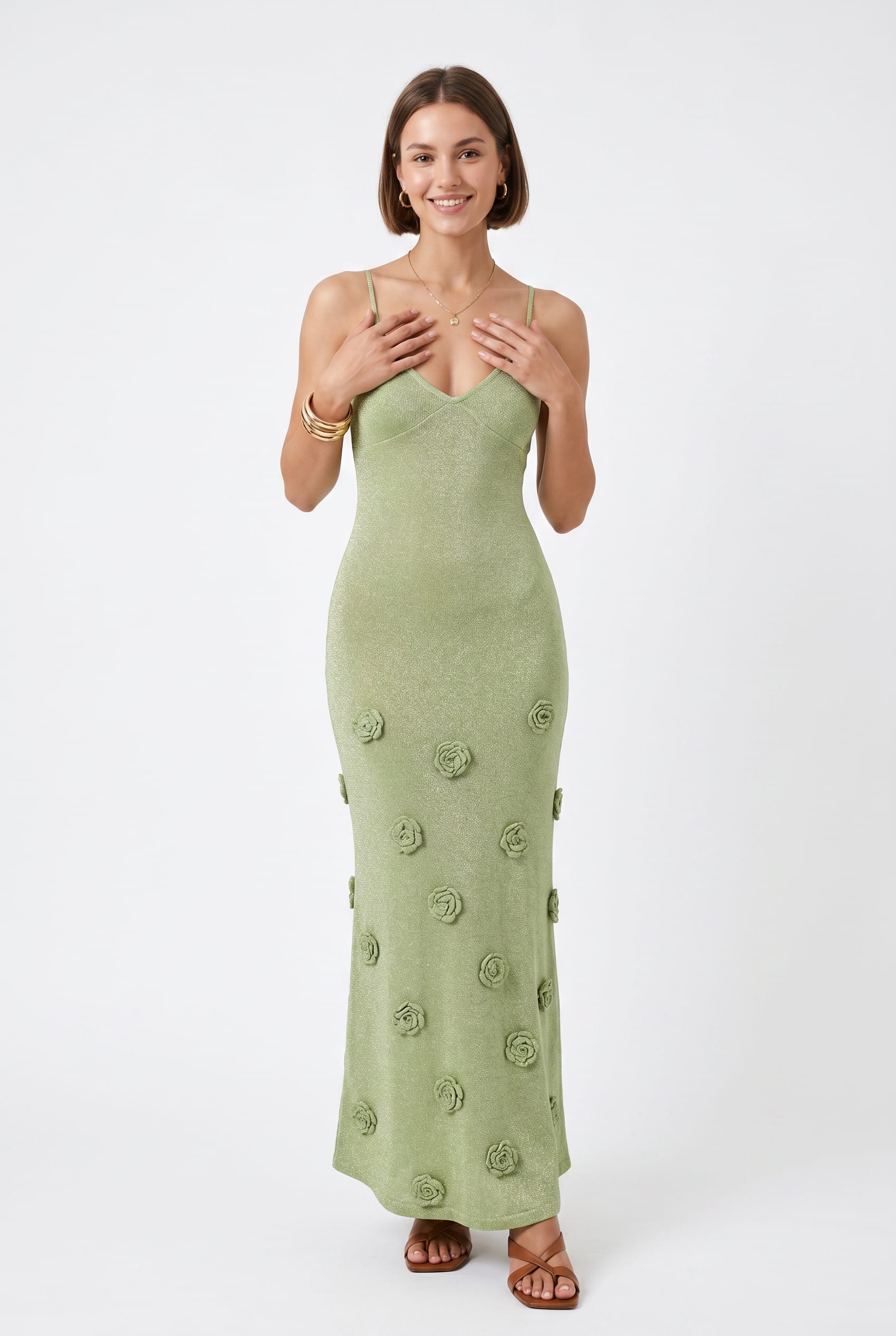 Sage Green Rosette Detail Maxi Dress